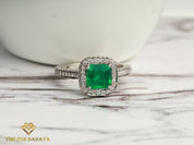 1.2 Carat Natural Emerald Engagement Ring | Square Emerald & Diamond Halo Ring -