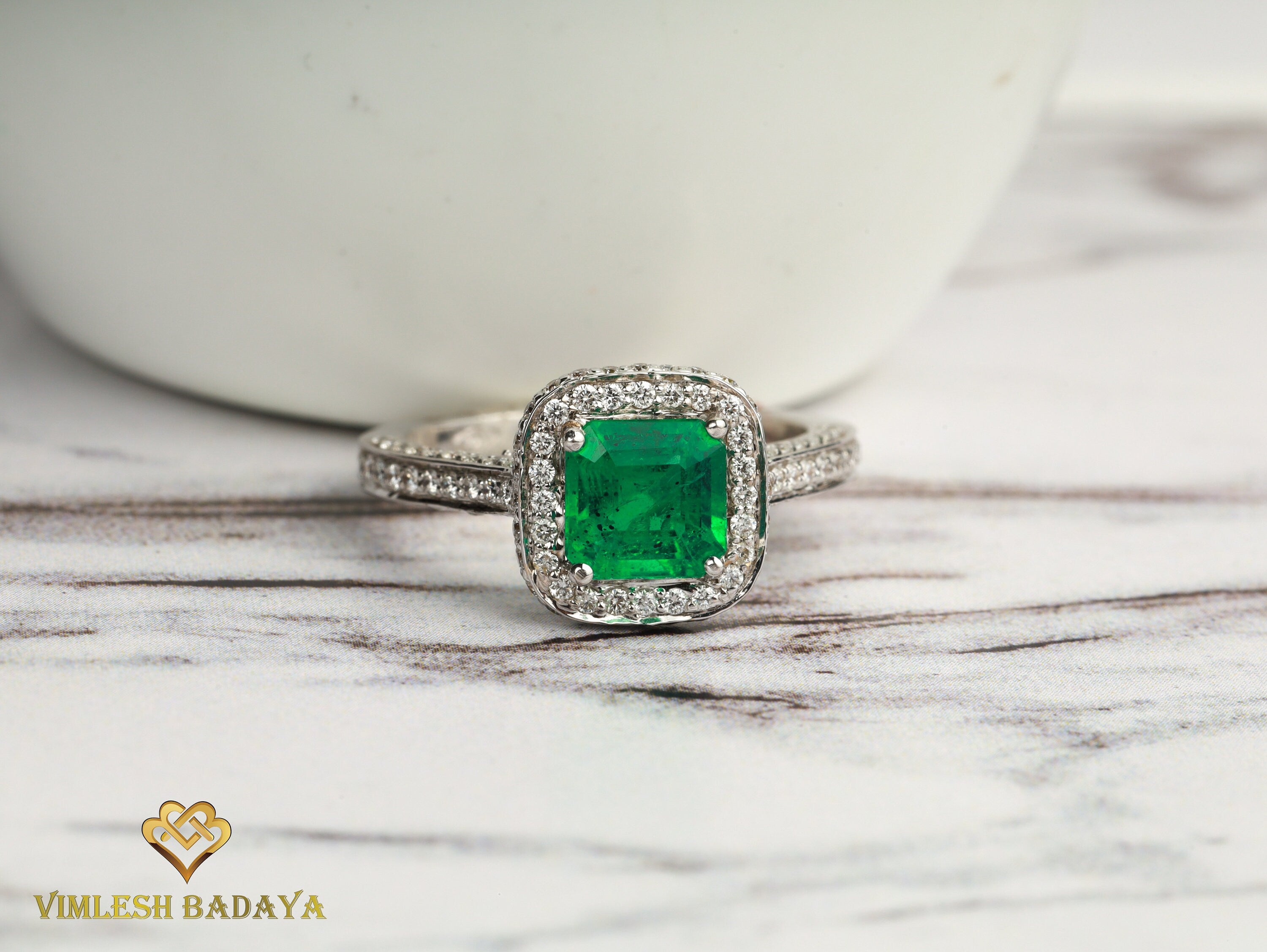 1.2 Carat Natural Emerald Engagement Ring | Square Emerald & Diamond Halo Ring -