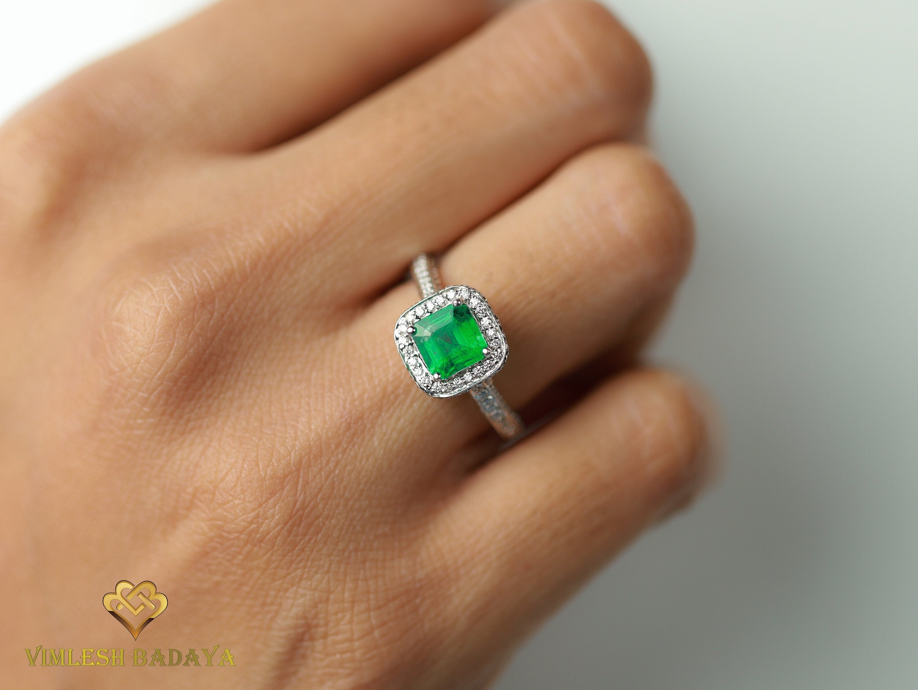1.2 Carat Natural Emerald Engagement Ring | Square Emerald & Diamond Halo Ring -
