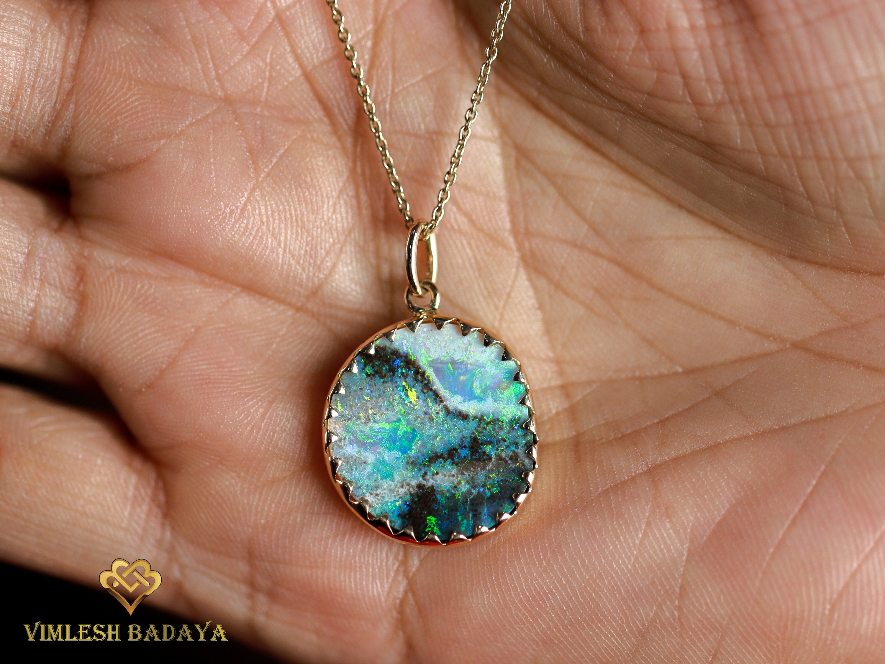 Australian Opal Pendant Necklace | Boulder Opal in Solid Gold | Natural Fire Opal Necklace for Her | Gift Idea -