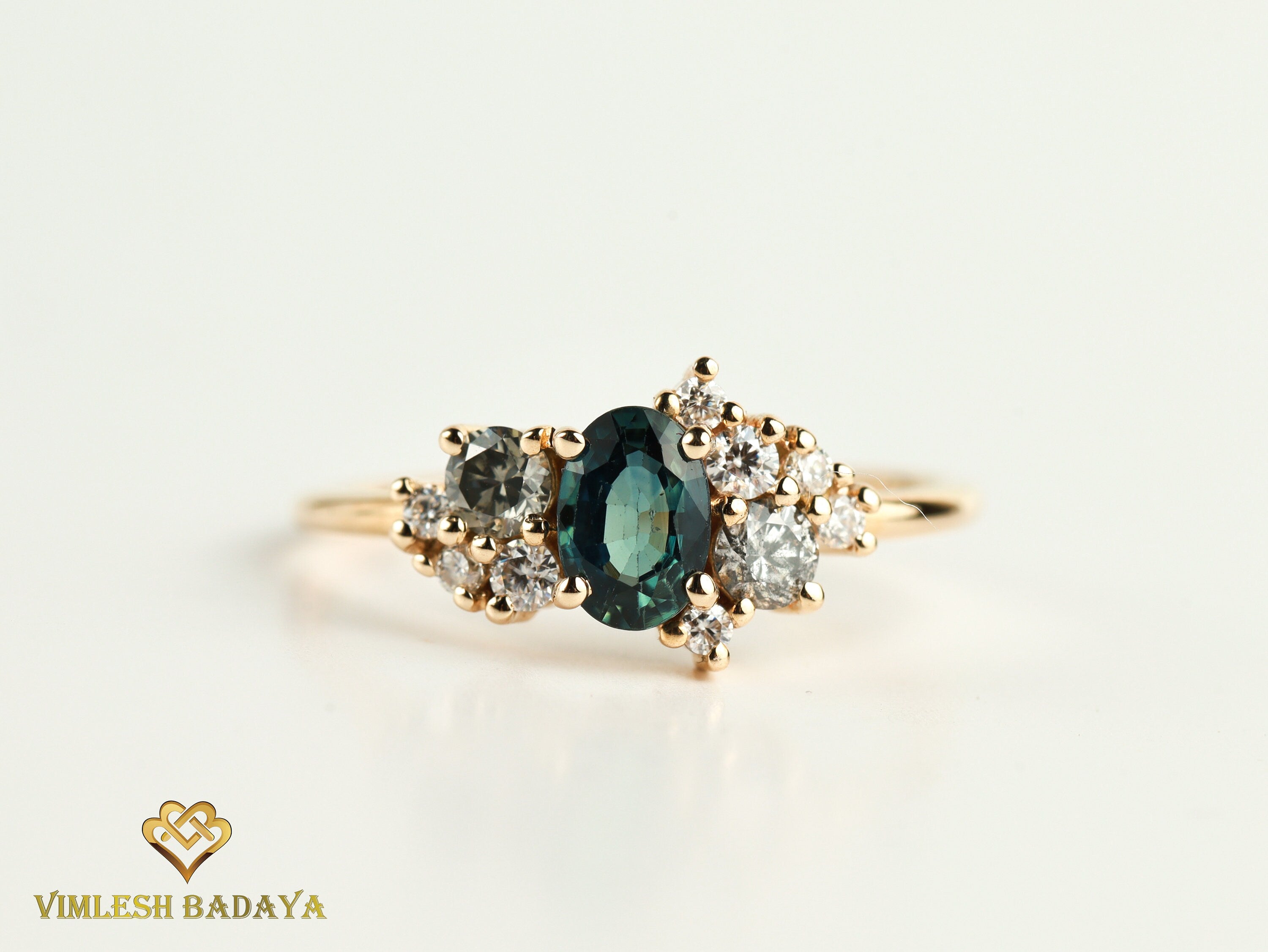 Teal Sapphire Gray Diamond Cluster Ring | Sapphire & Diamond Engagement Ring -