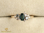Teal Sapphire Gray Diamond Cluster Ring | Sapphire & Diamond Engagement Ring -