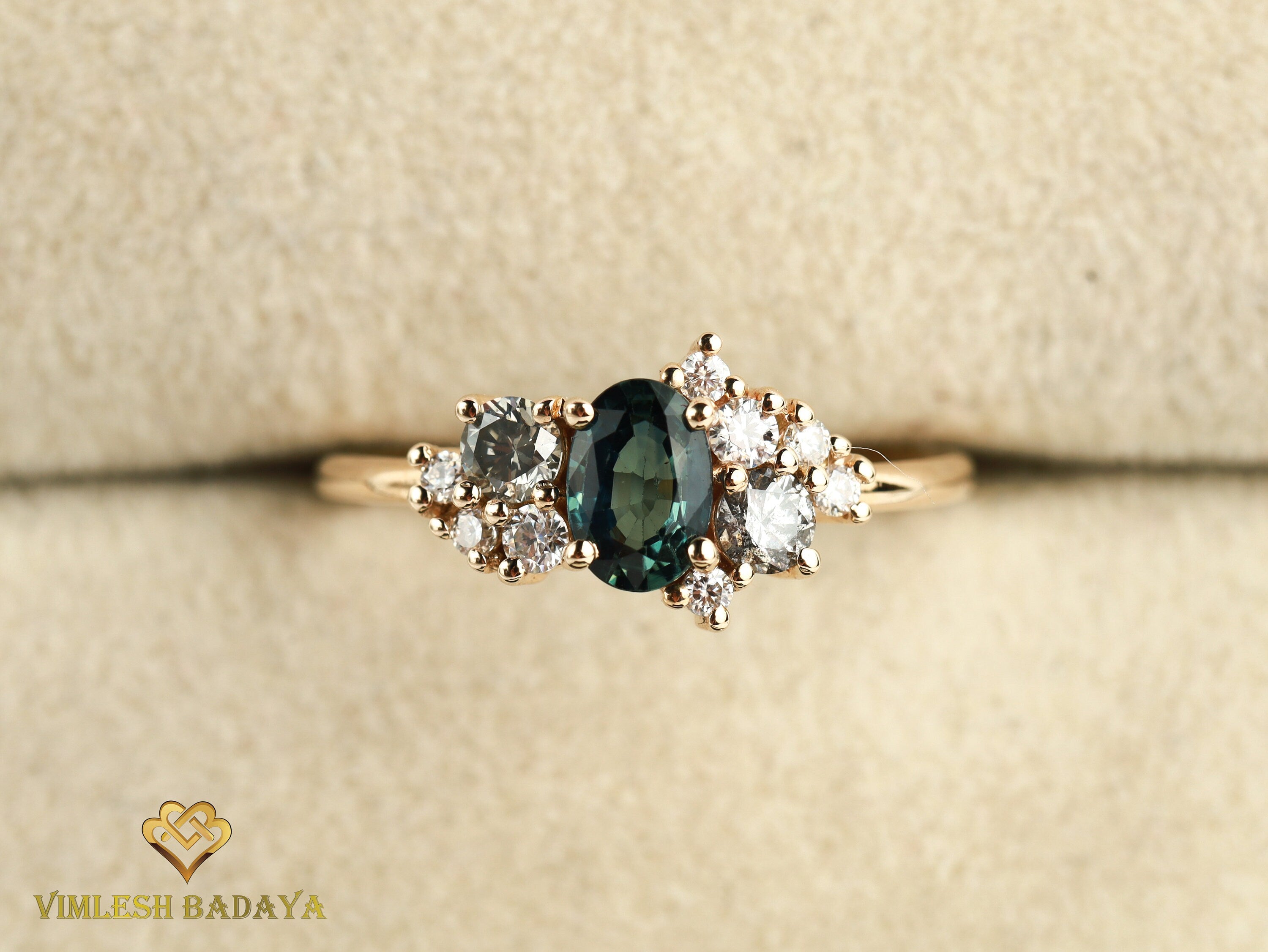 Teal Sapphire Gray Diamond Cluster Ring | Sapphire & Diamond Engagement Ring -