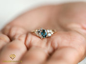 Teal Sapphire Gray Diamond Cluster Ring | Sapphire & Diamond Engagement Ring -