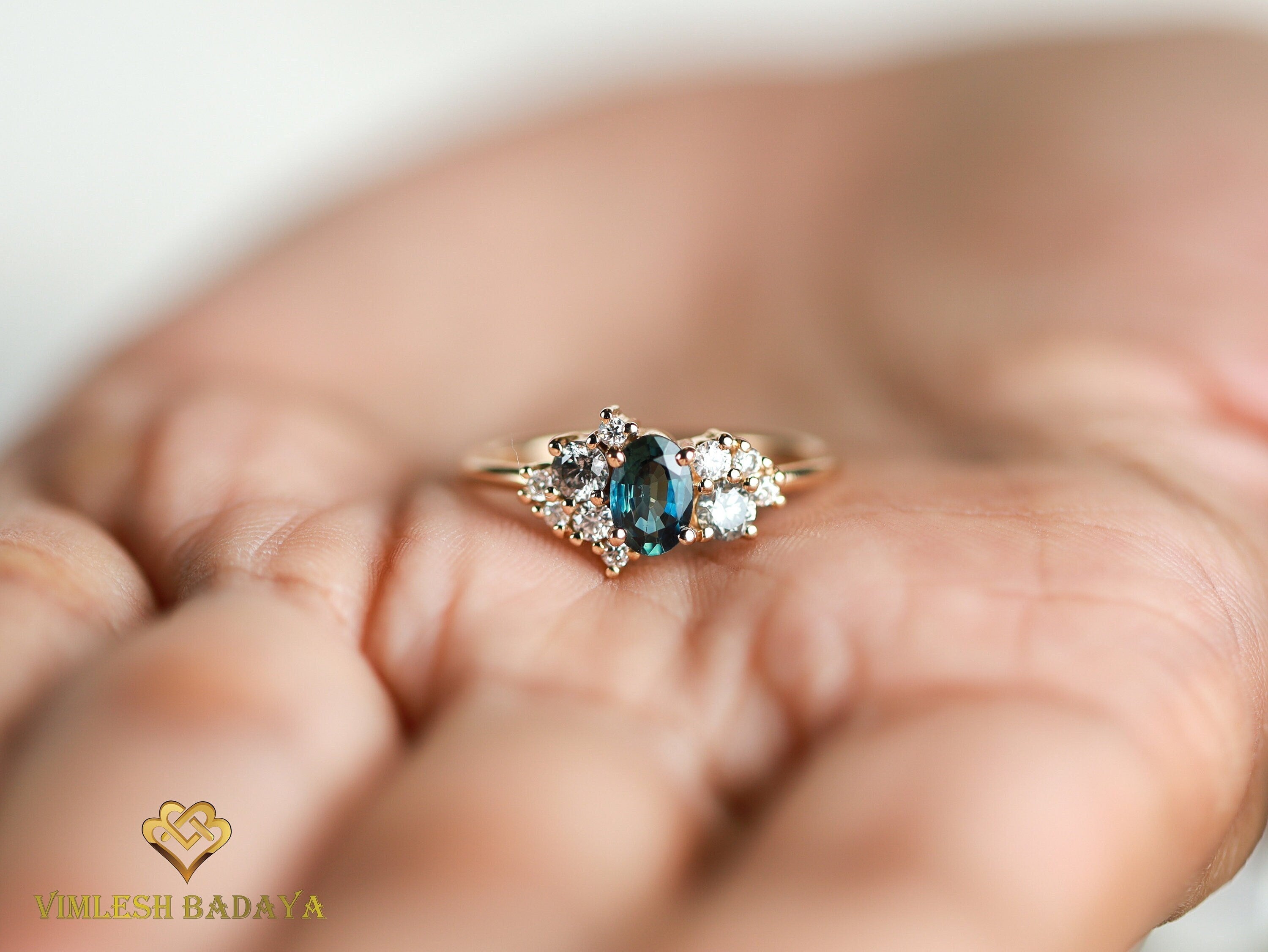 Teal Sapphire Gray Diamond Cluster Ring | Sapphire & Diamond Engagement Ring -