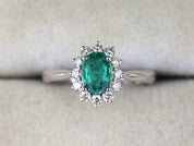Natural Emerald Engagement Ring | Oval Emerald with Diamond Halo Engagement Ring -