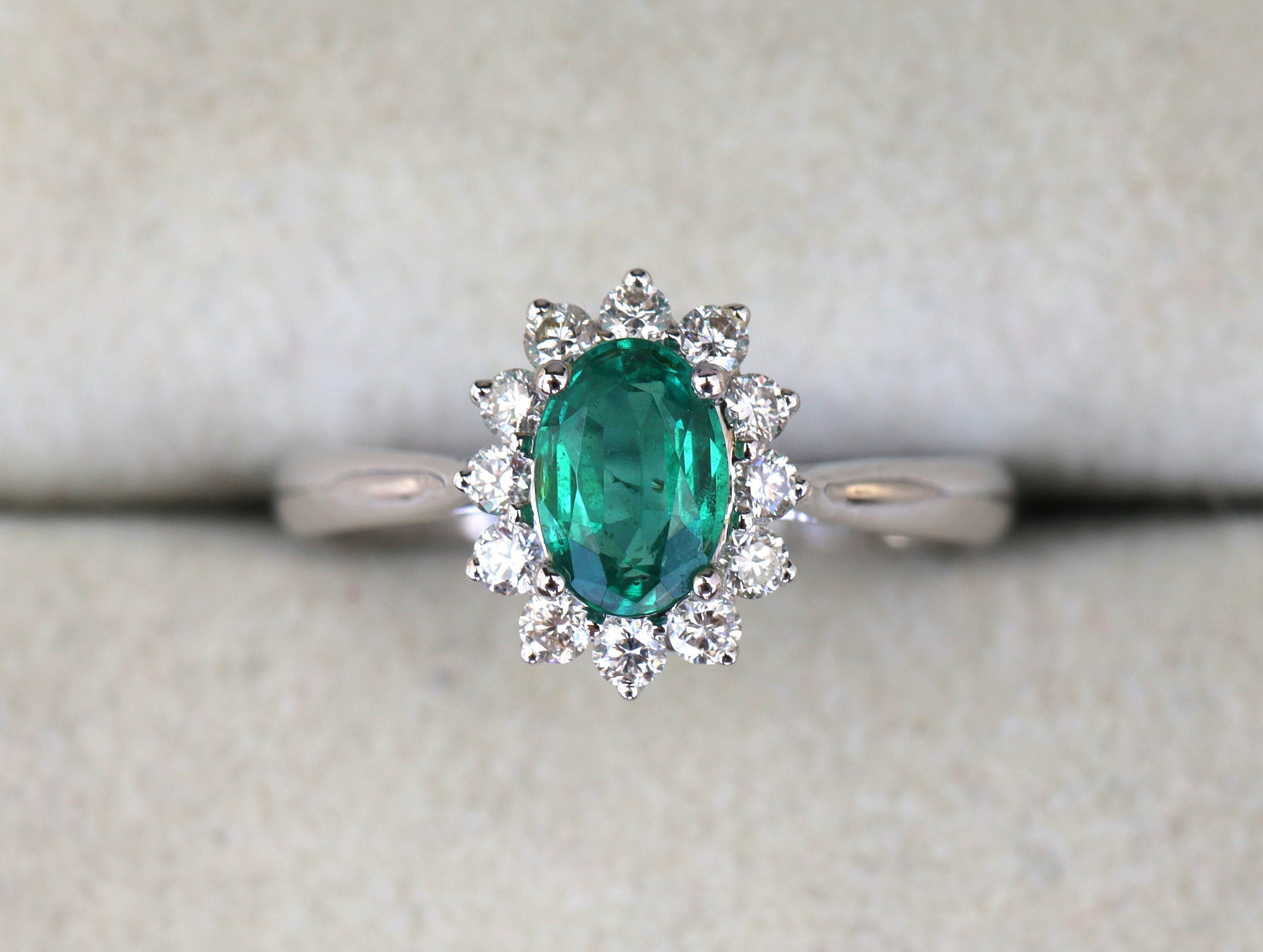 Natural Emerald Engagement Ring | Oval Emerald with Diamond Halo Engagement Ring -