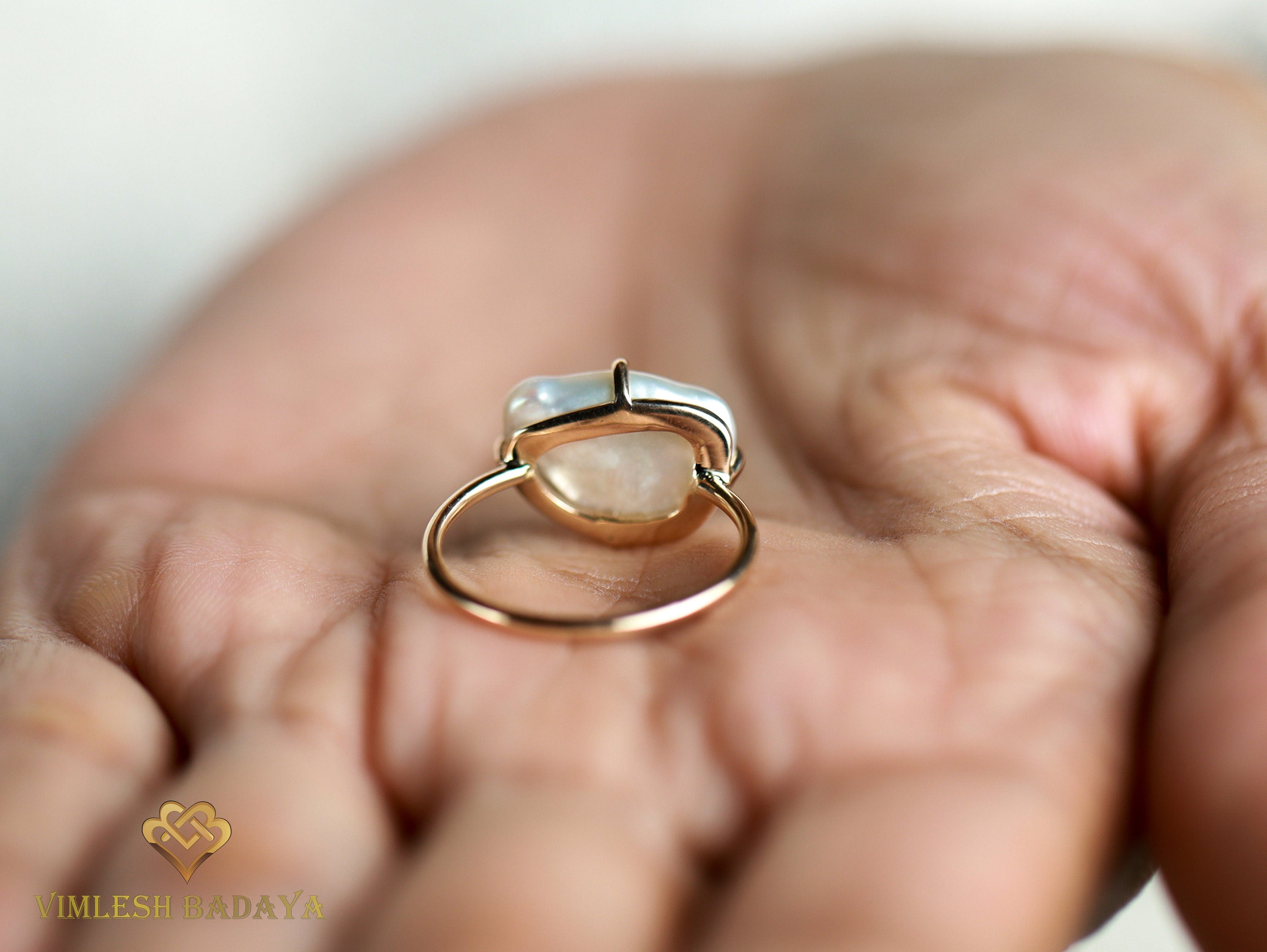 Baroque Pearl and Emerald Ring | Solid Gold Pearl Ring | Unique Gift for Her -
