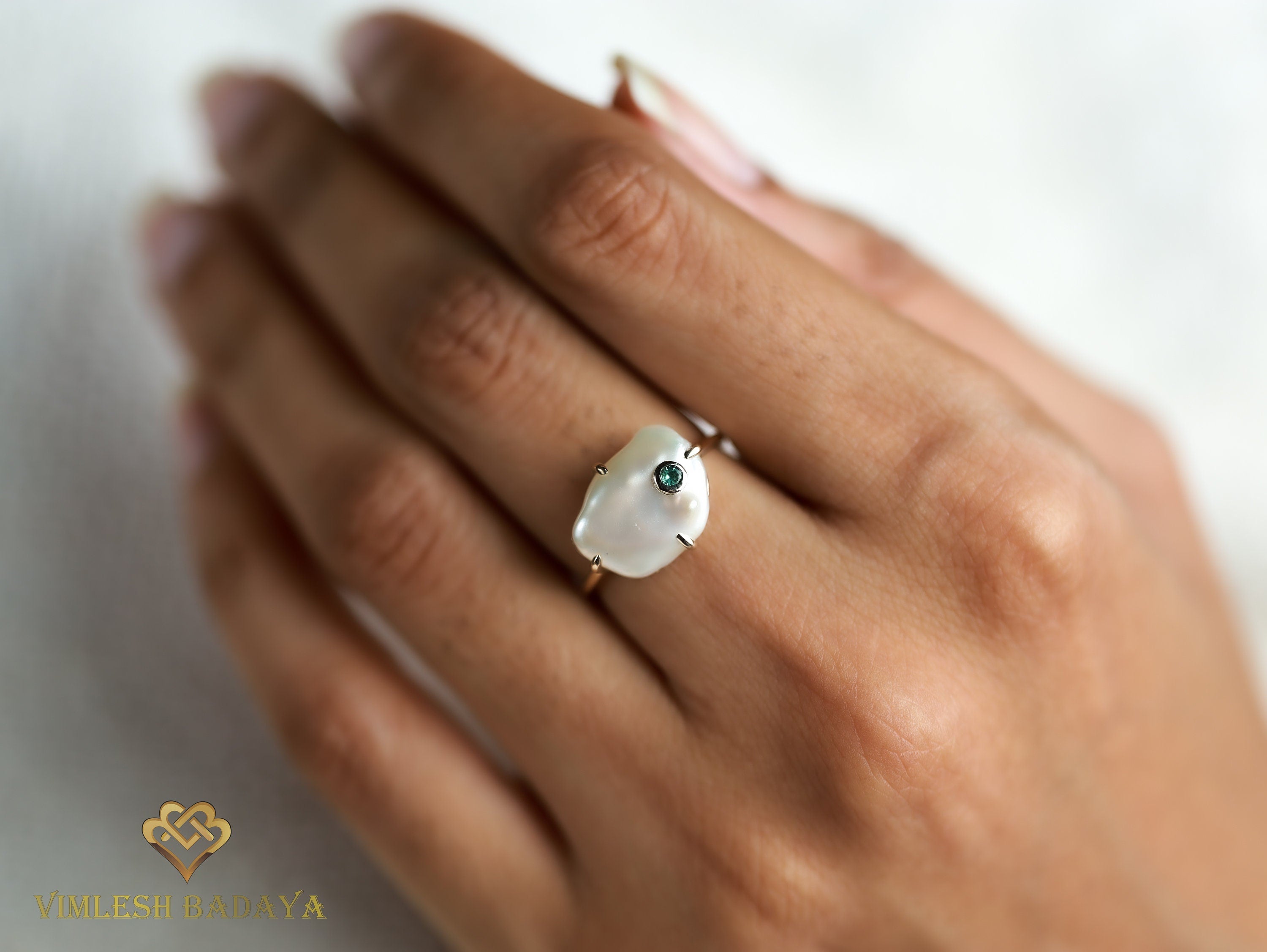 Baroque Pearl and Emerald Ring | Solid Gold Pearl Ring | Unique Gift for Her -