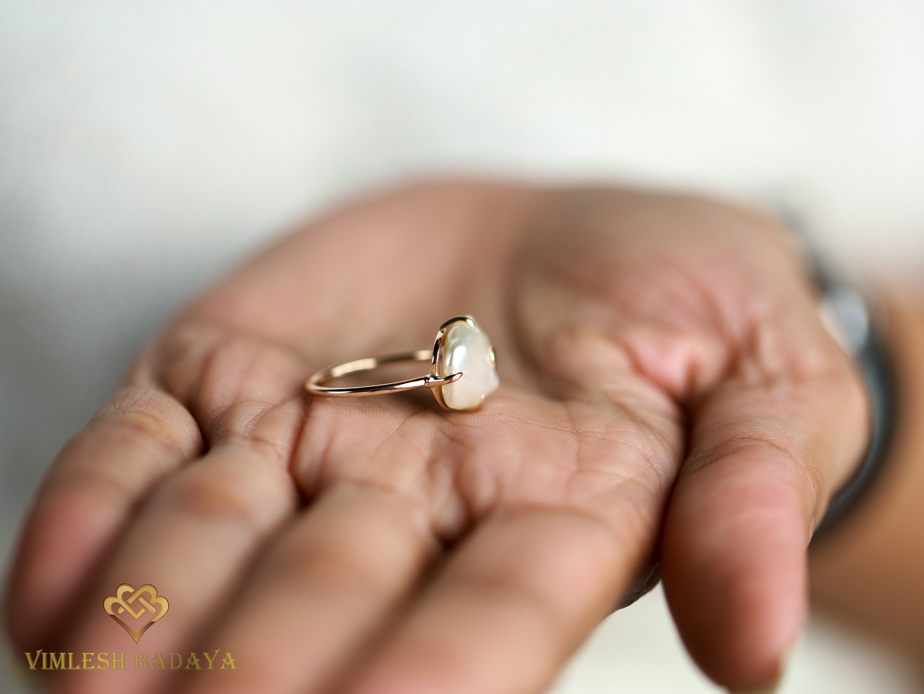 Baroque Pearl and Emerald Ring | Solid Gold Pearl Ring | Unique Gift for Her -