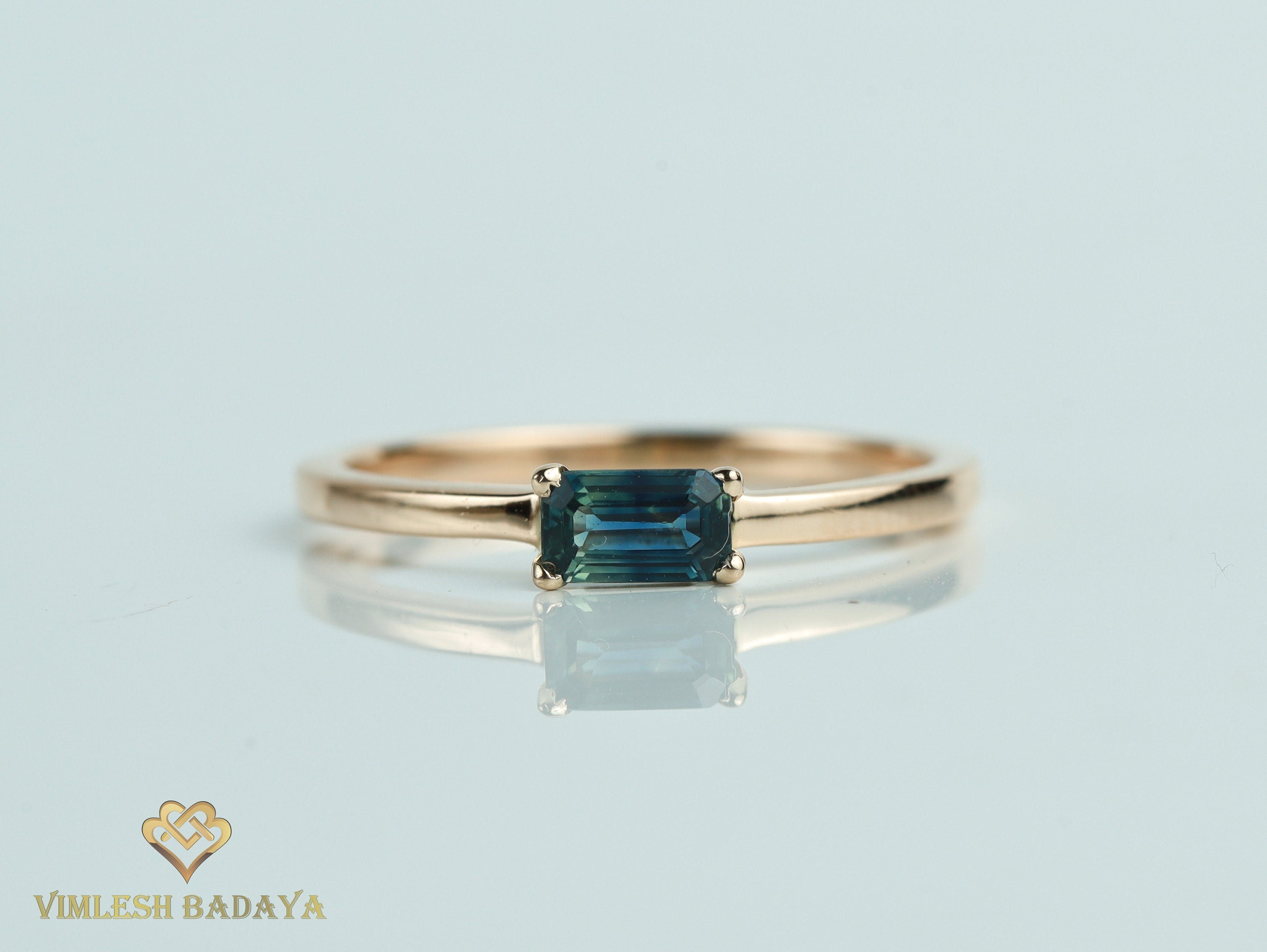 Parti Sapphire Stacking Ring | Teal Sapphire Ring | Peacock Sapphire Prong Set Ring -