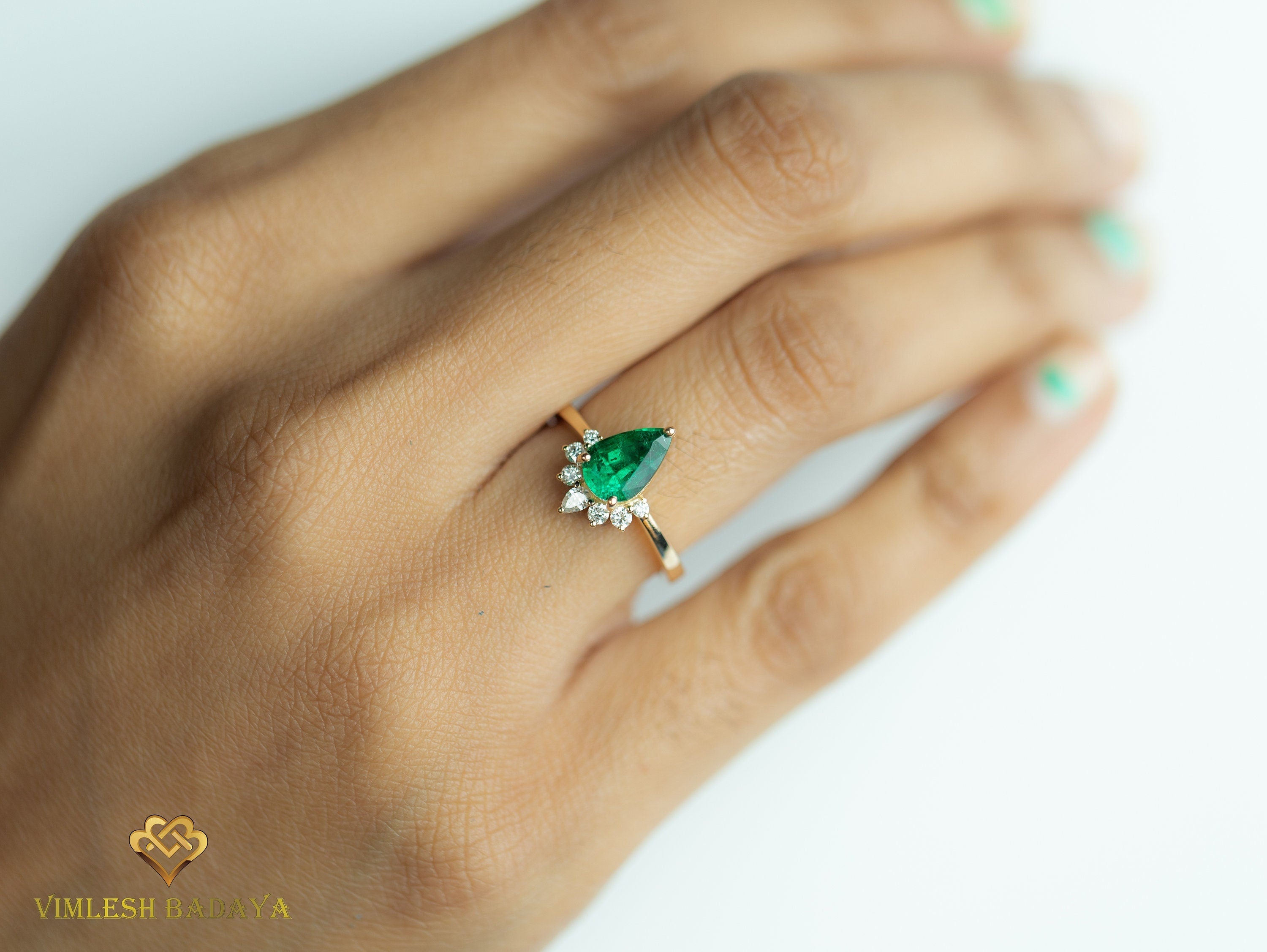 Natural Emerald Diamond Engagement Ring | Certified 1.5 Carat Pear Cut Emerald Ring -