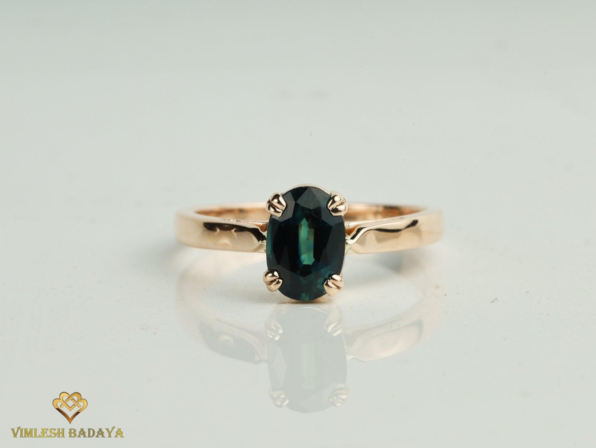 Solitaire Teal Sapphire Engagement Ring | Solid Gold Art Deco Ring -