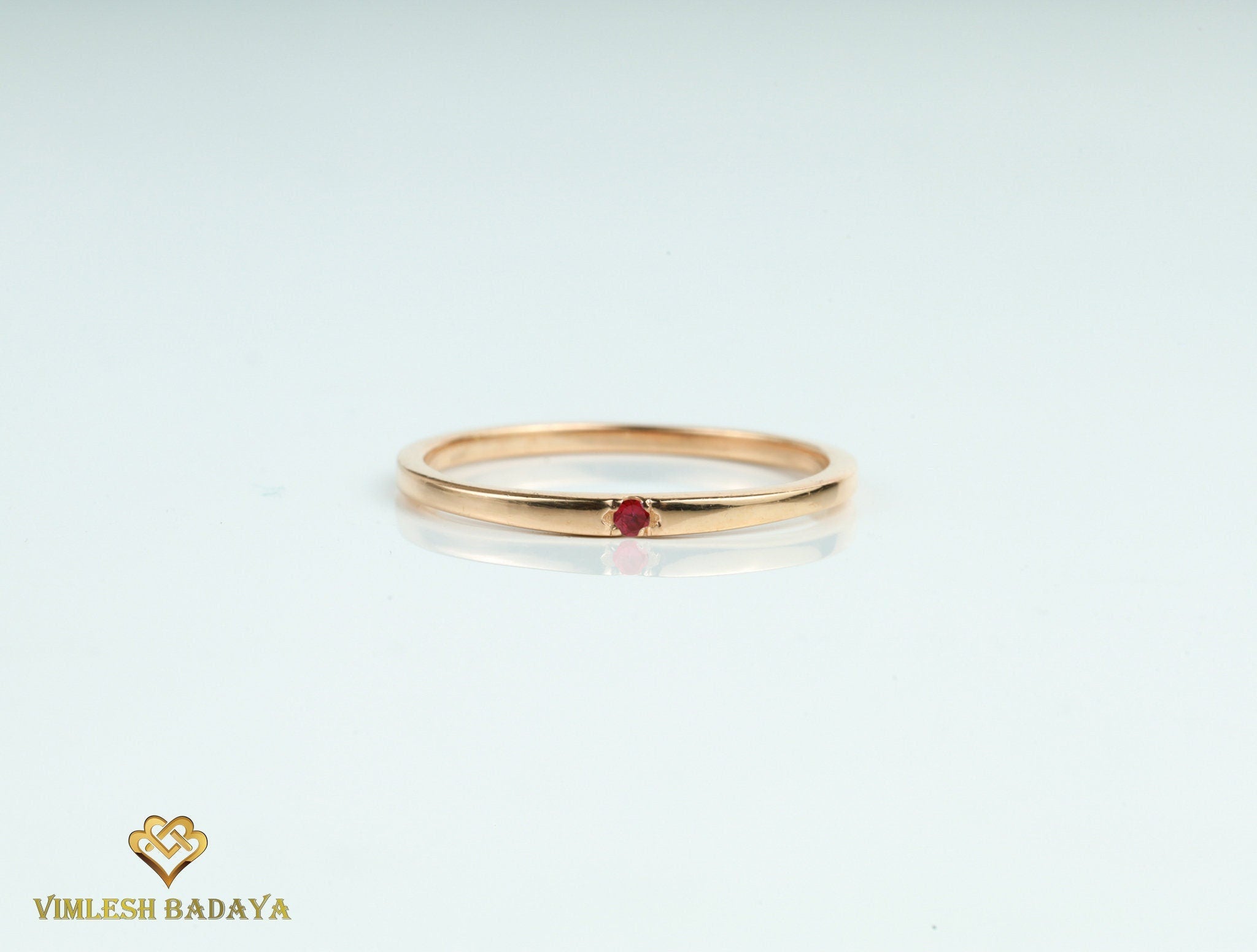 Red Ruby Stacking Ring | Gold Ruby Band | Round Cut Ruby Stackable Ring | Everyday Thin Ring -