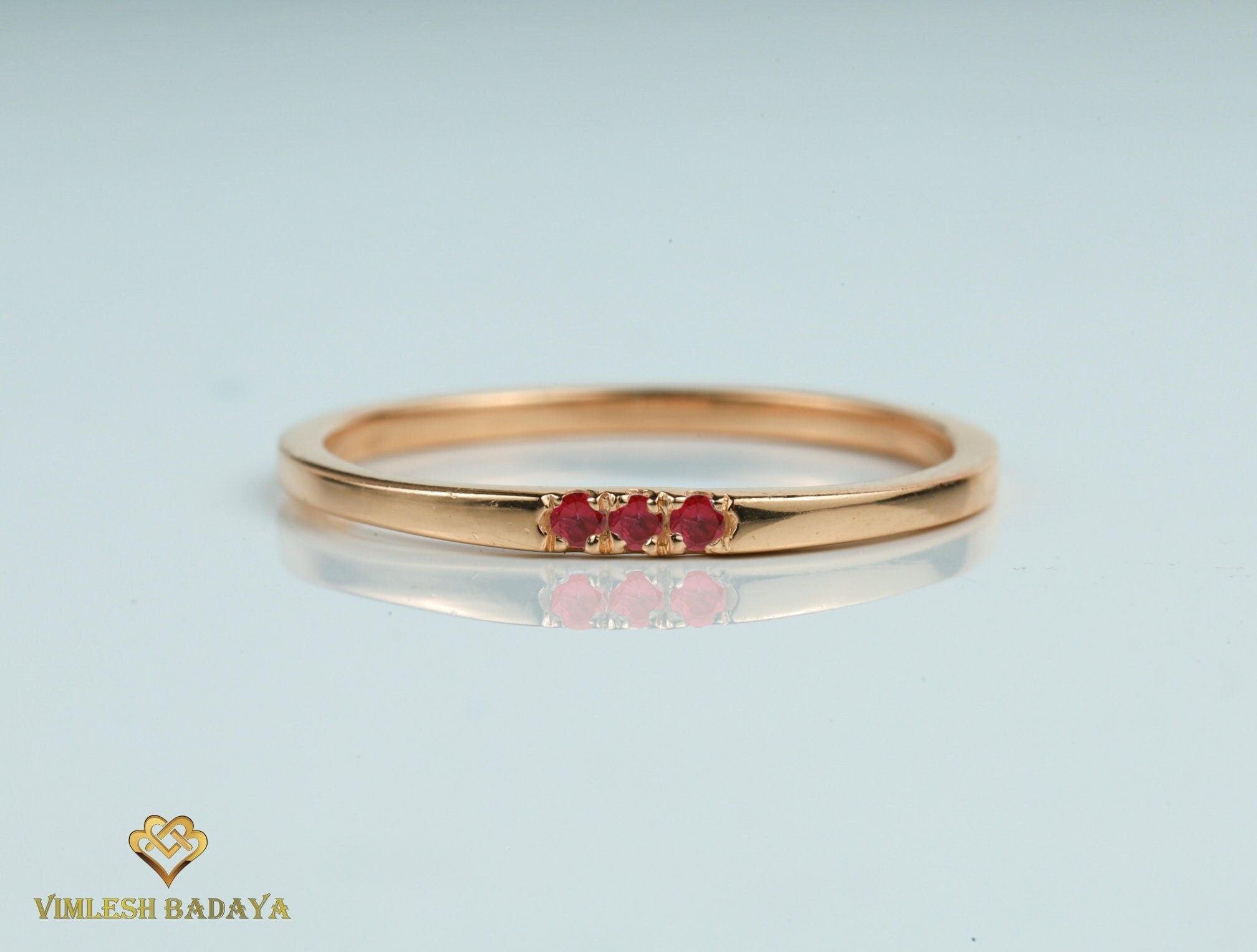 Three-Stone Red Ruby Stacking Ring | Gold Ruby Band | Dainty Round Cut Ruby Ring -