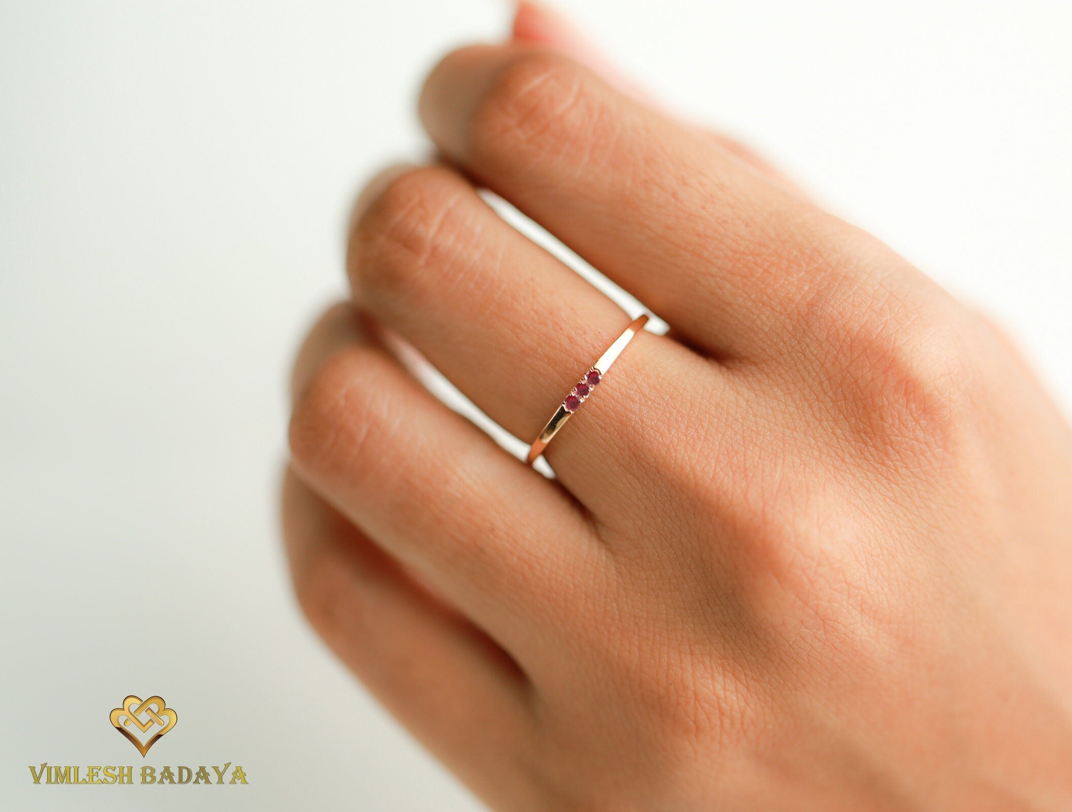 Three-Stone Red Ruby Stacking Ring | Gold Ruby Band | Dainty Round Cut Ruby Ring -