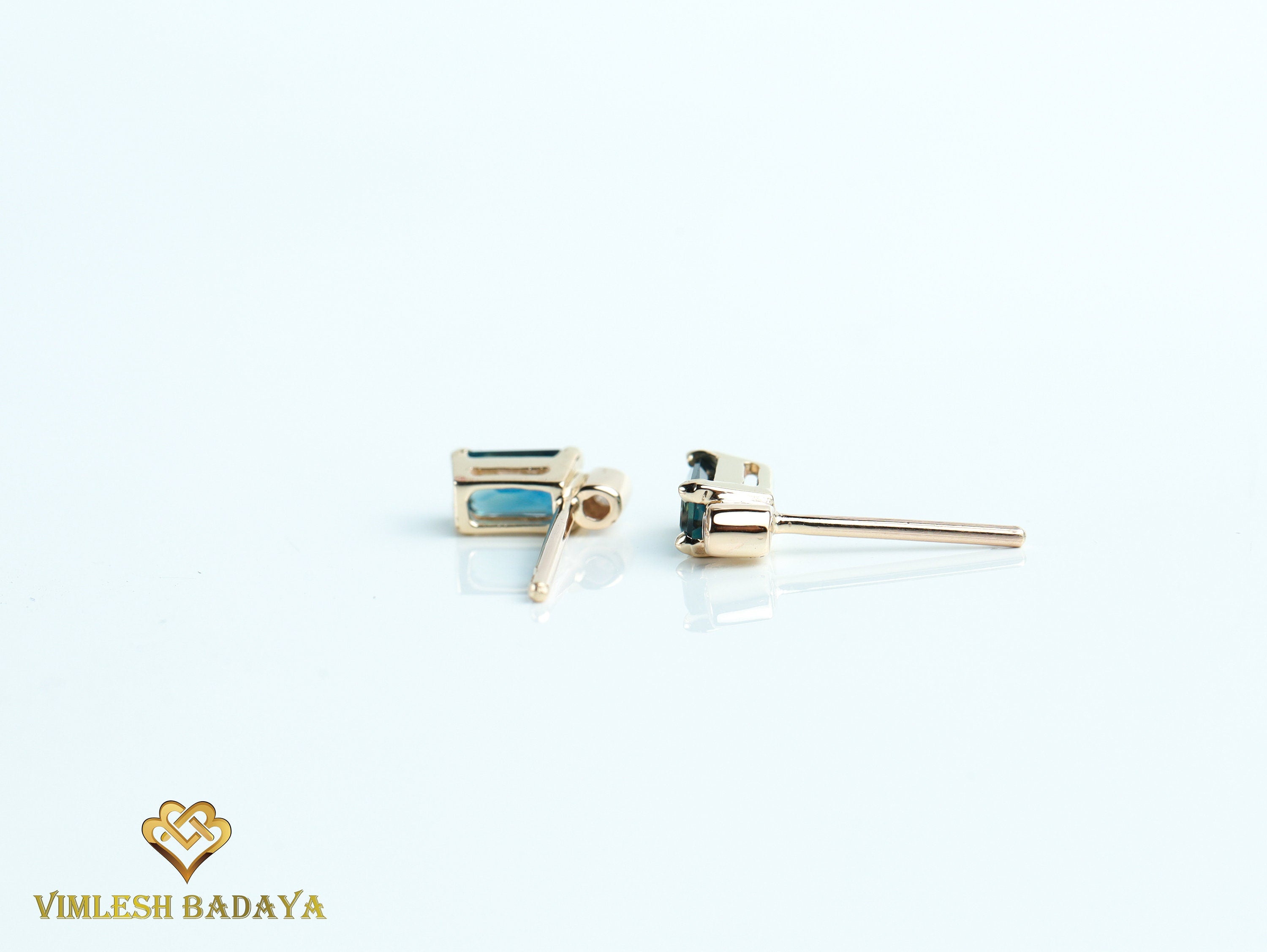 Natural Teal Sapphire Earrings | Sapphire & Diamond Baguette Earrings | Solid Gold Studs for Her -