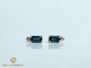 Natural Teal Sapphire Earrings | Sapphire & Diamond Baguette Earrings | Solid Gold Studs for Her -