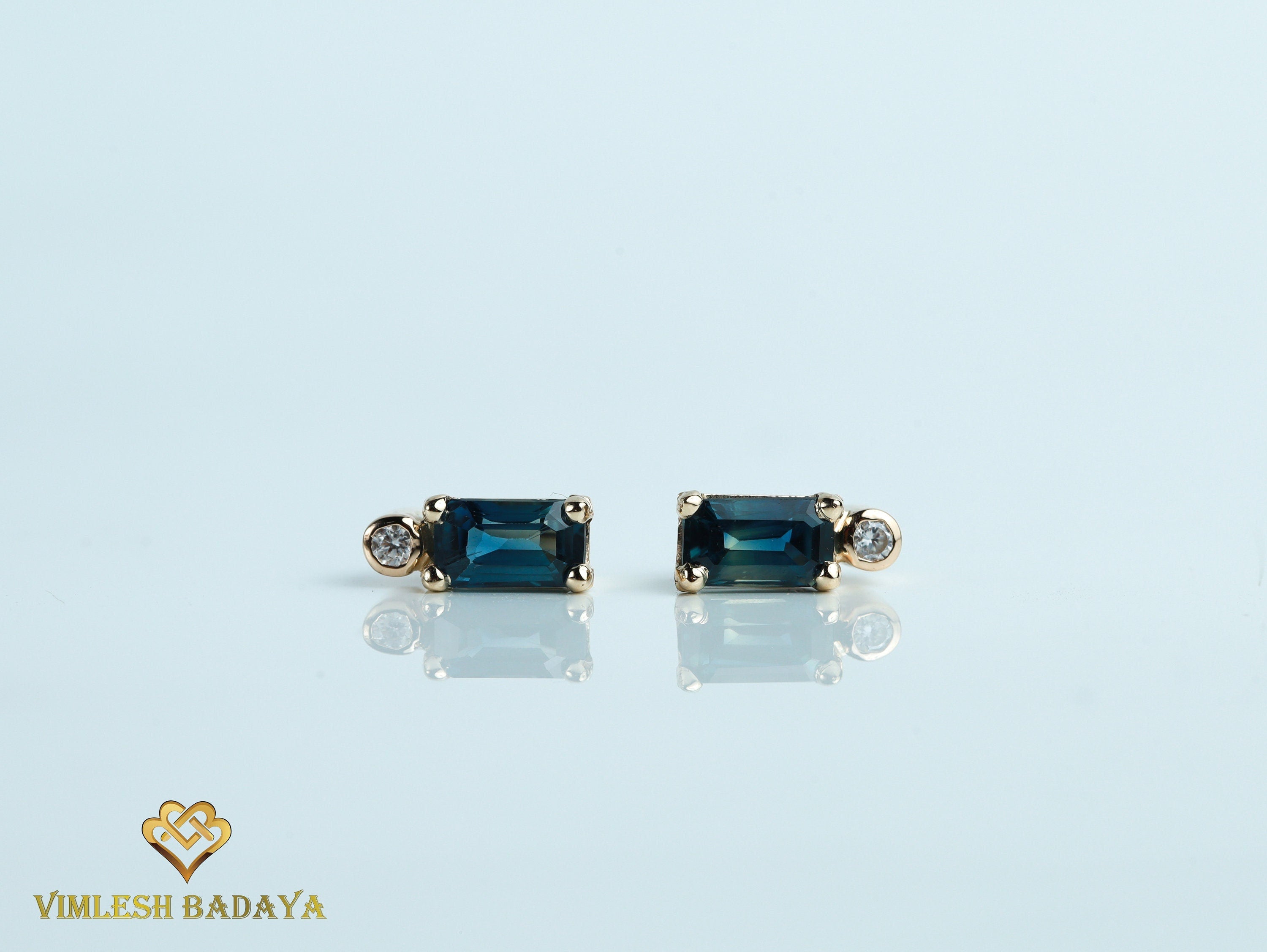 Natural Teal Sapphire Earrings | Sapphire & Diamond Baguette Earrings | Solid Gold Studs for Her -