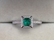 Emerald Halo Engagement Ring | Half Carat Natural Emerald & Diamond Square Engagement Ring | Antique Style -