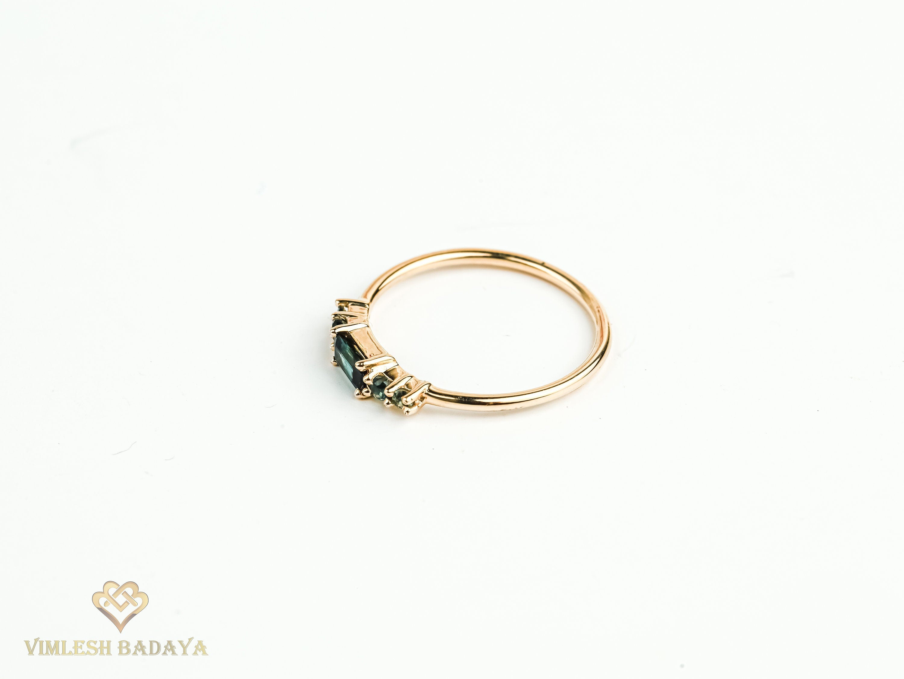 Teal Sapphire Gold Stacking Ring | Parti Sapphire Emerald Cut Five-Stone Ring -
