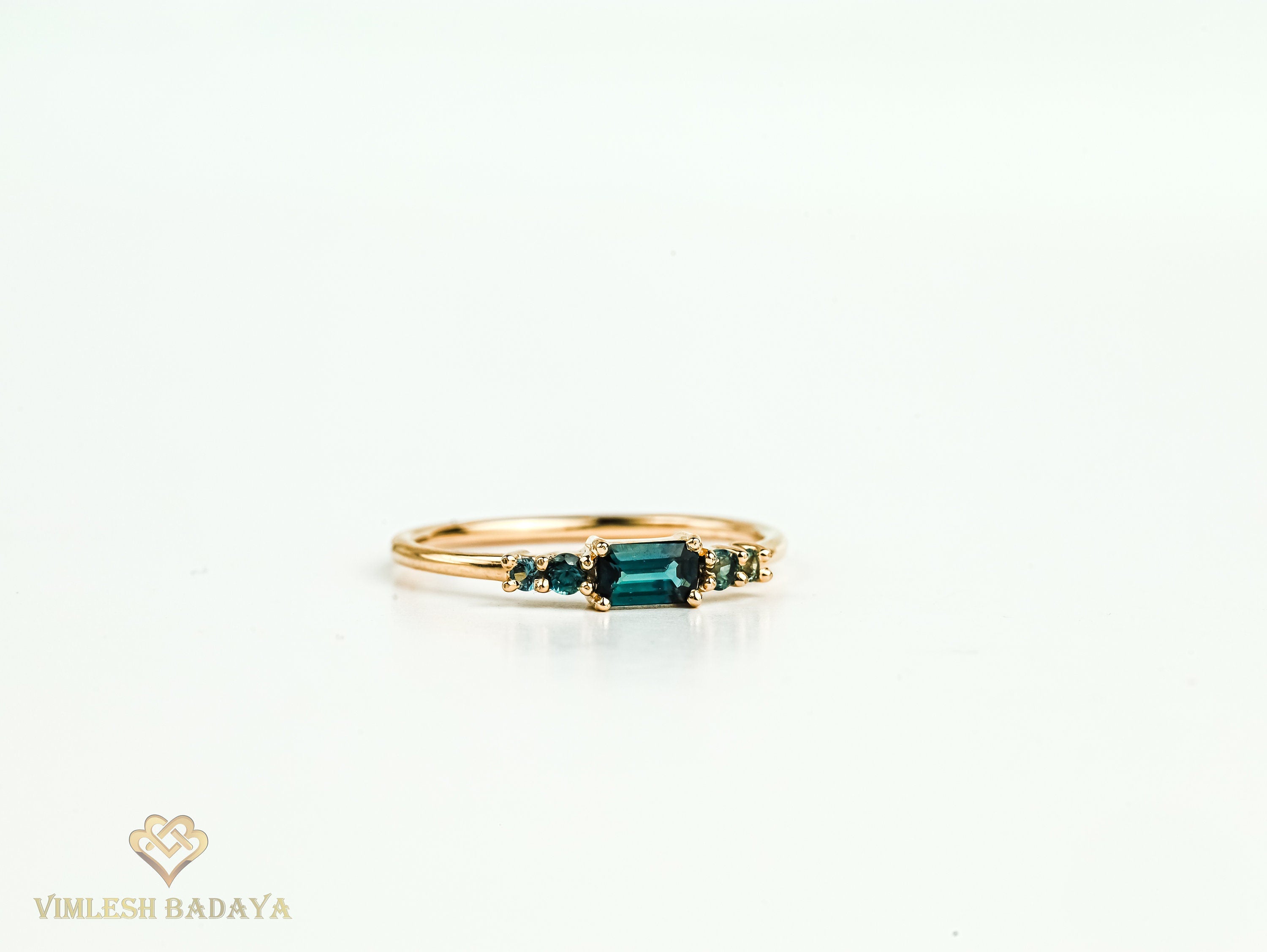 Teal Sapphire Gold Stacking Ring | Parti Sapphire Emerald Cut Five-Stone Ring -