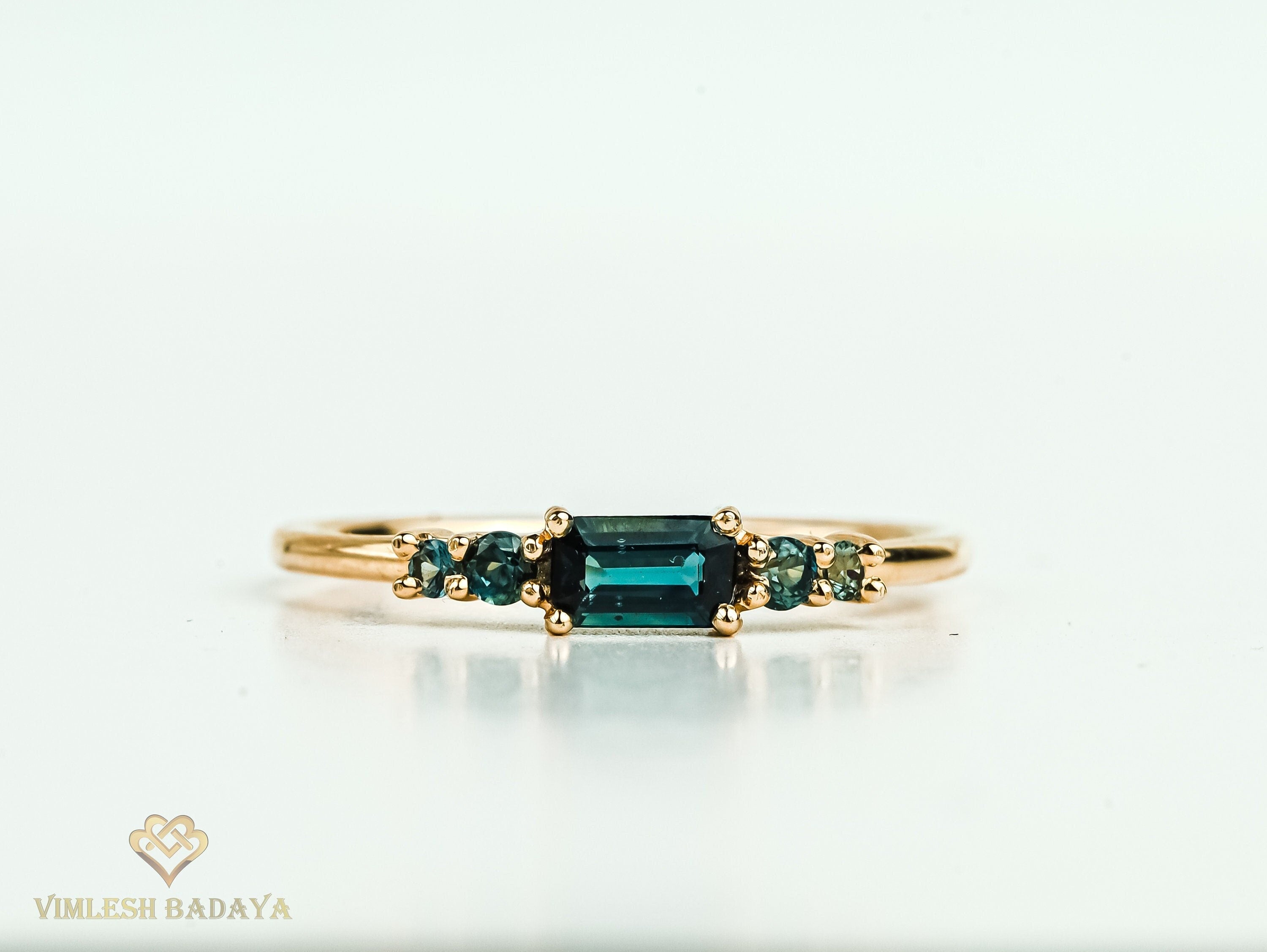 Teal Sapphire Gold Stacking Ring | Parti Sapphire Emerald Cut Five-Stone Ring -
