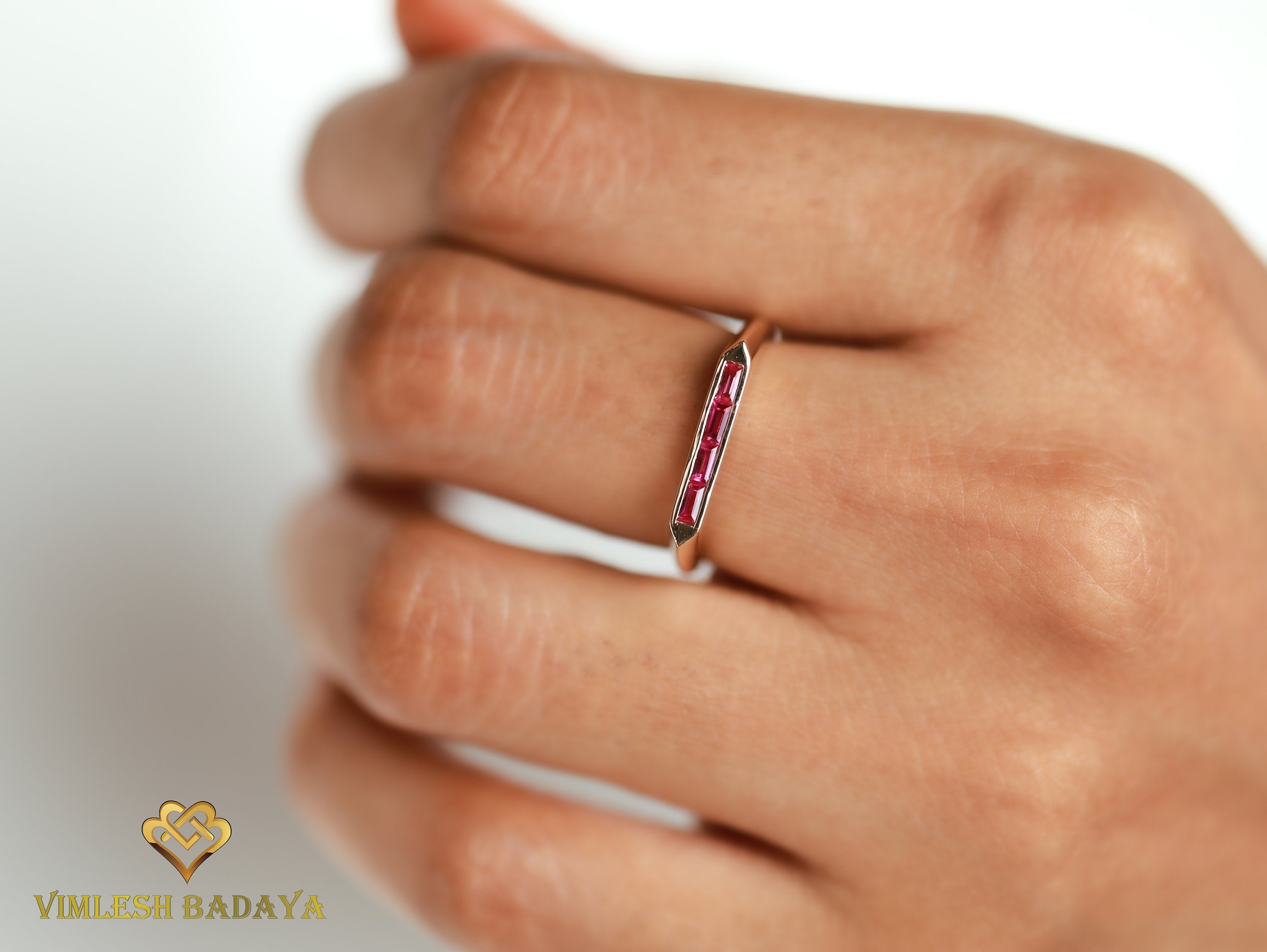 Ruby Baguette Signet Stacking Ring | Dainty Ruby Ring | July Birthstone Gift for Her -