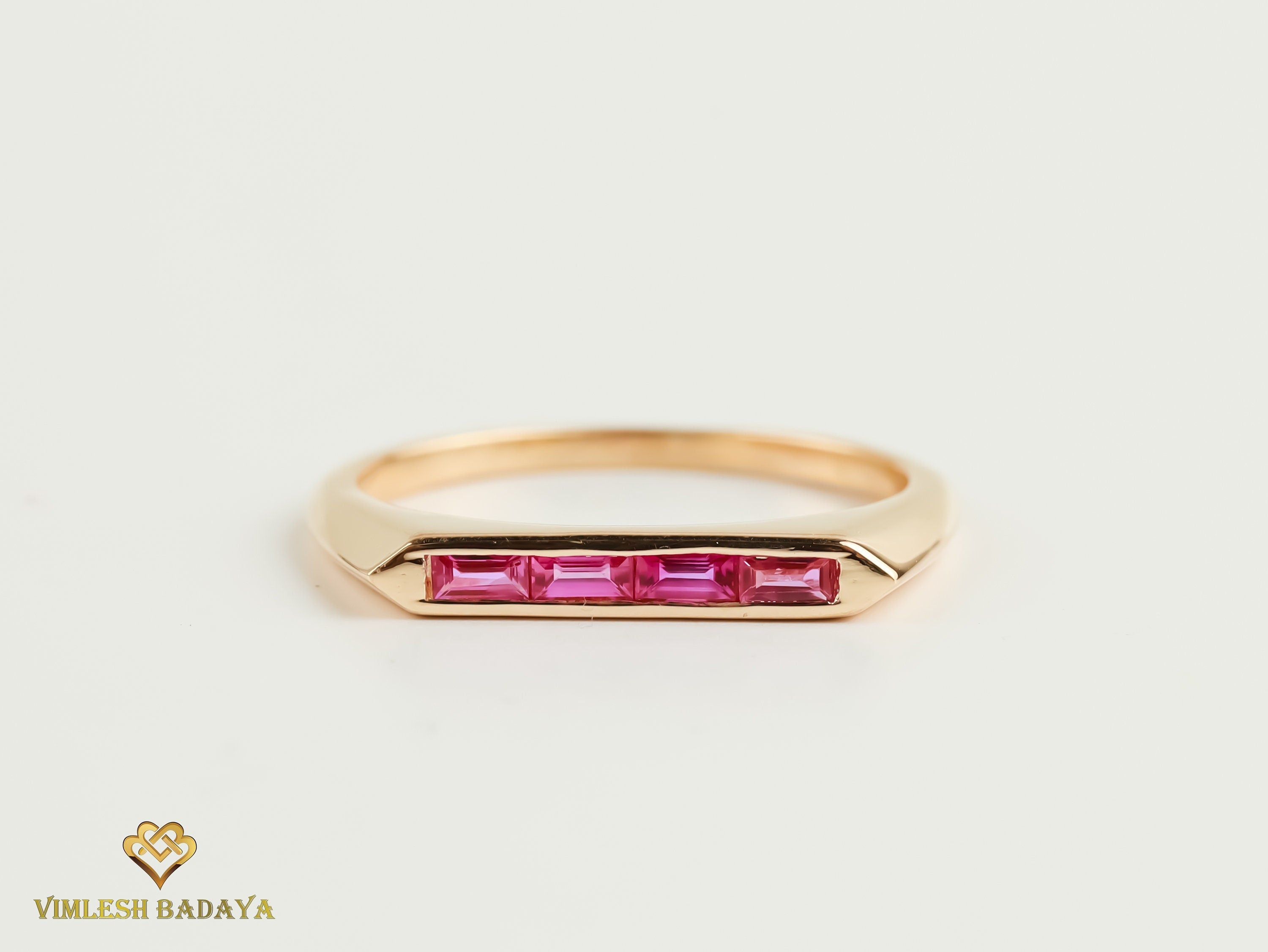 Ruby Baguette Signet Stacking Ring | Dainty Ruby Ring | July Birthstone Gift for Her -