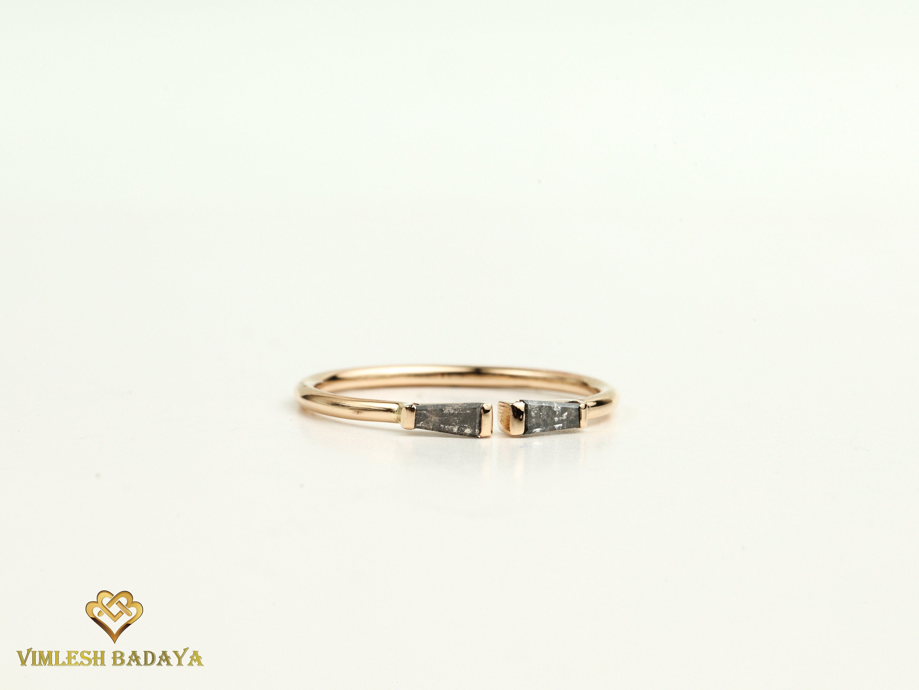 Adjustable Gray Diamond Baguette Ring | Salt and Pepper Taper Diamond Stacking Ring -