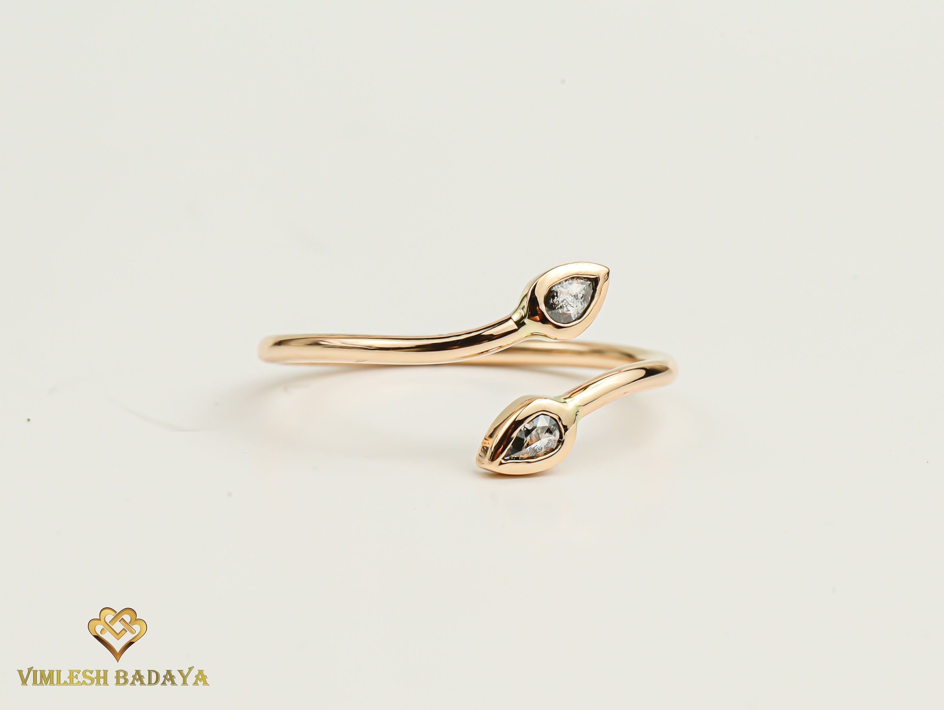 Adjustable Gray Diamond Teardrop Ring | Salt and Pepper Diamond Leaf Stacking Ring | Dainty Dual Diamond Ring -