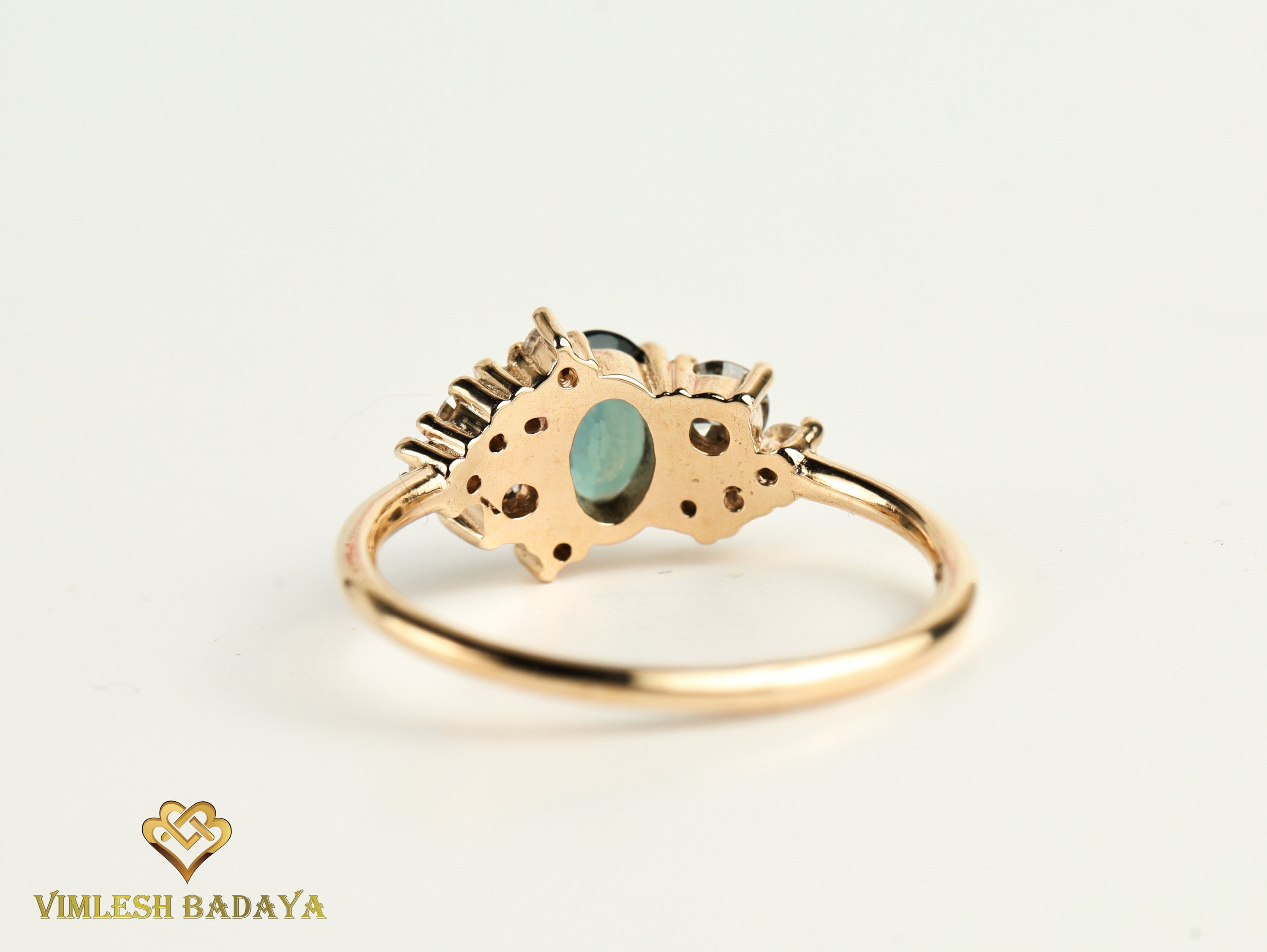 Teal Sapphire Gray Diamond Cluster Ring | Sapphire & Diamond Engagement Ring -