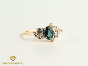 Teal Sapphire Gray Diamond Cluster Ring | Sapphire & Diamond Engagement Ring -