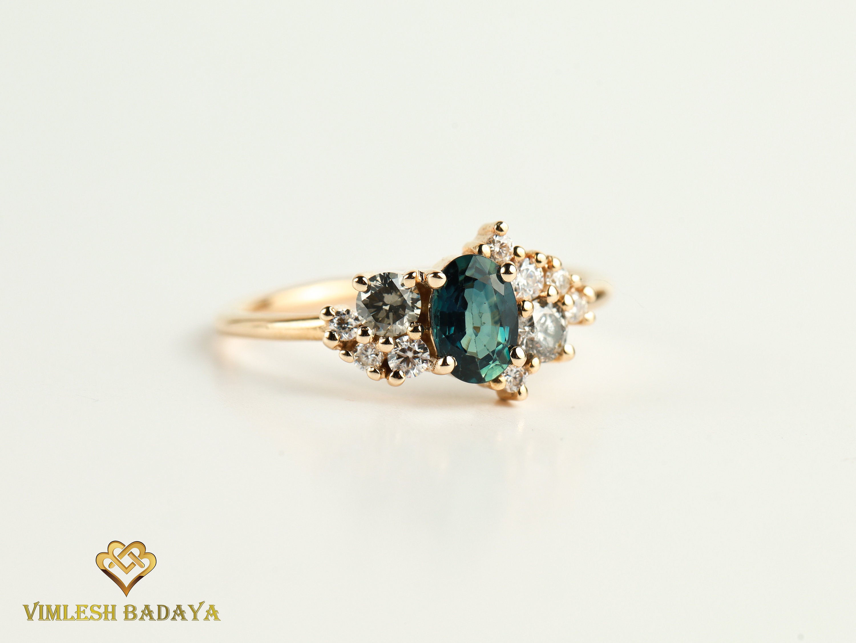 Teal Sapphire Gray Diamond Cluster Ring | Sapphire & Diamond Engagement Ring -