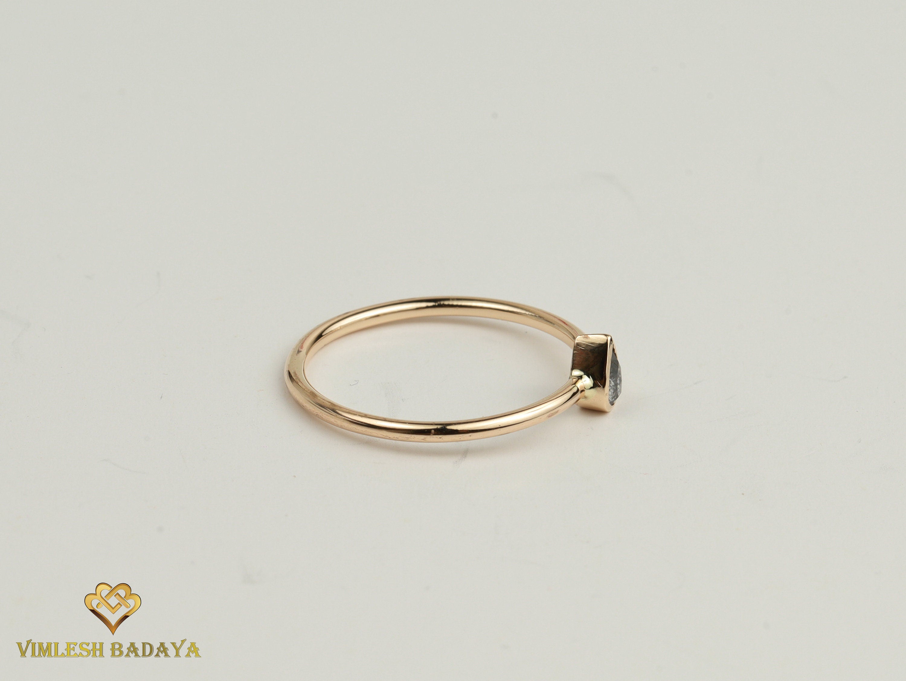 Pear Gray Diamond Teardrop Ring | Salt and Pepper Diamond Stacking Ring -