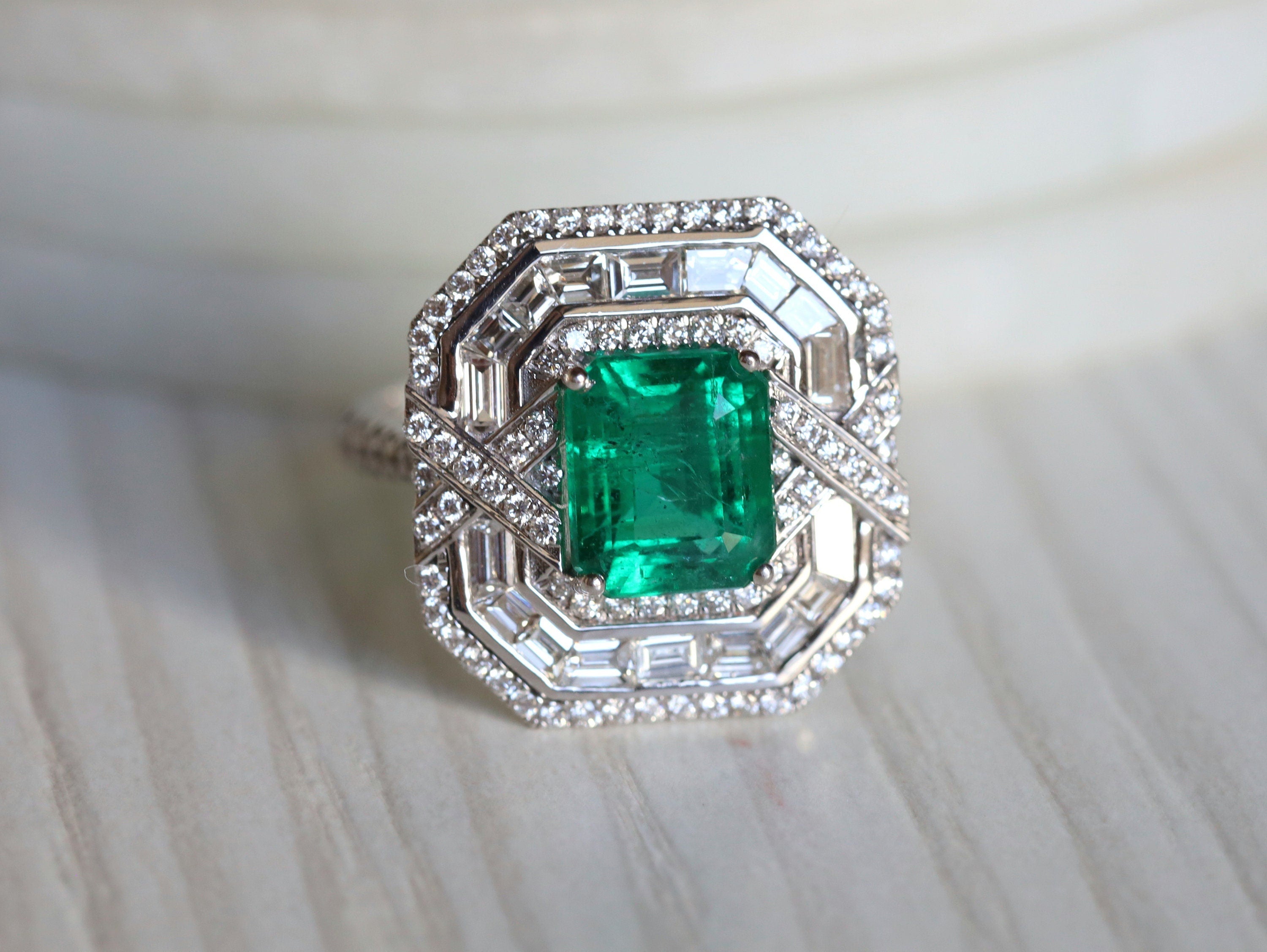 Natural Emerald and Diamond Ring | Art Deco Emerald Cut with Diamond Baguette Halo -