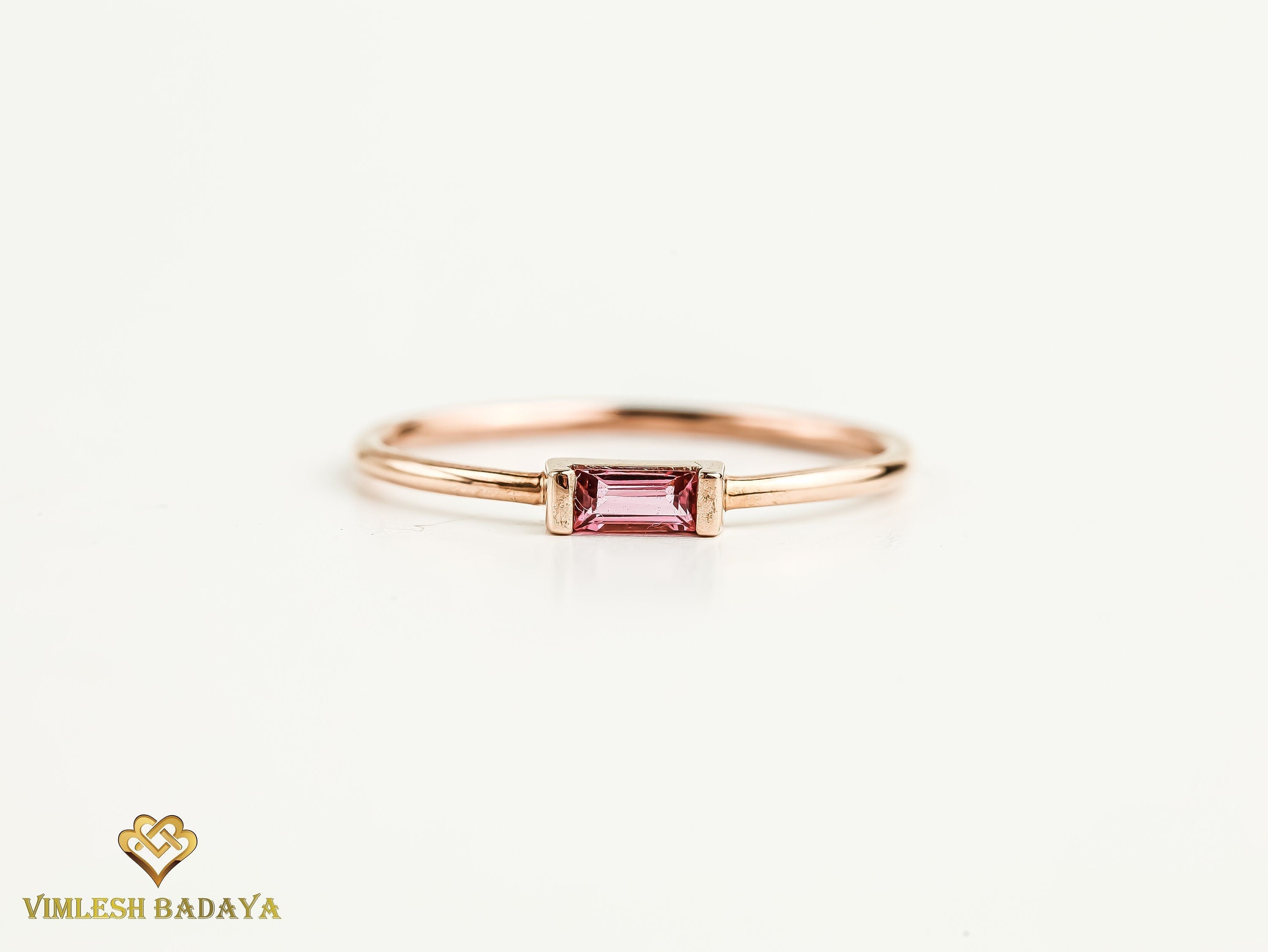 Baguette Pink Tourmaline Stacking Ring | Pink Stone Ring | Baguette Cut Stacking Ring -
