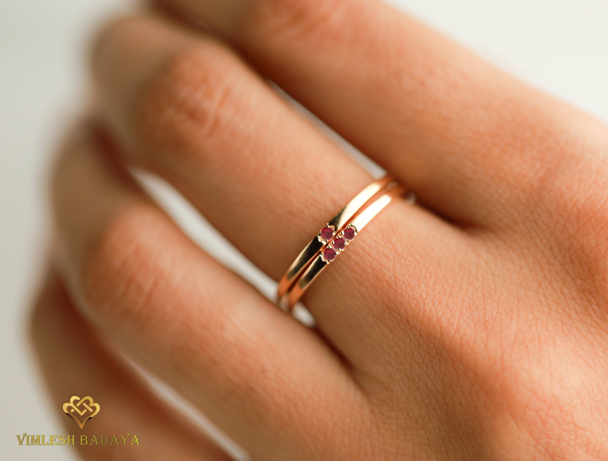 Red Ruby Stacking Ring | Gold Ruby Band | Round Cut Ruby Stackable Ring | Everyday Thin Ring -