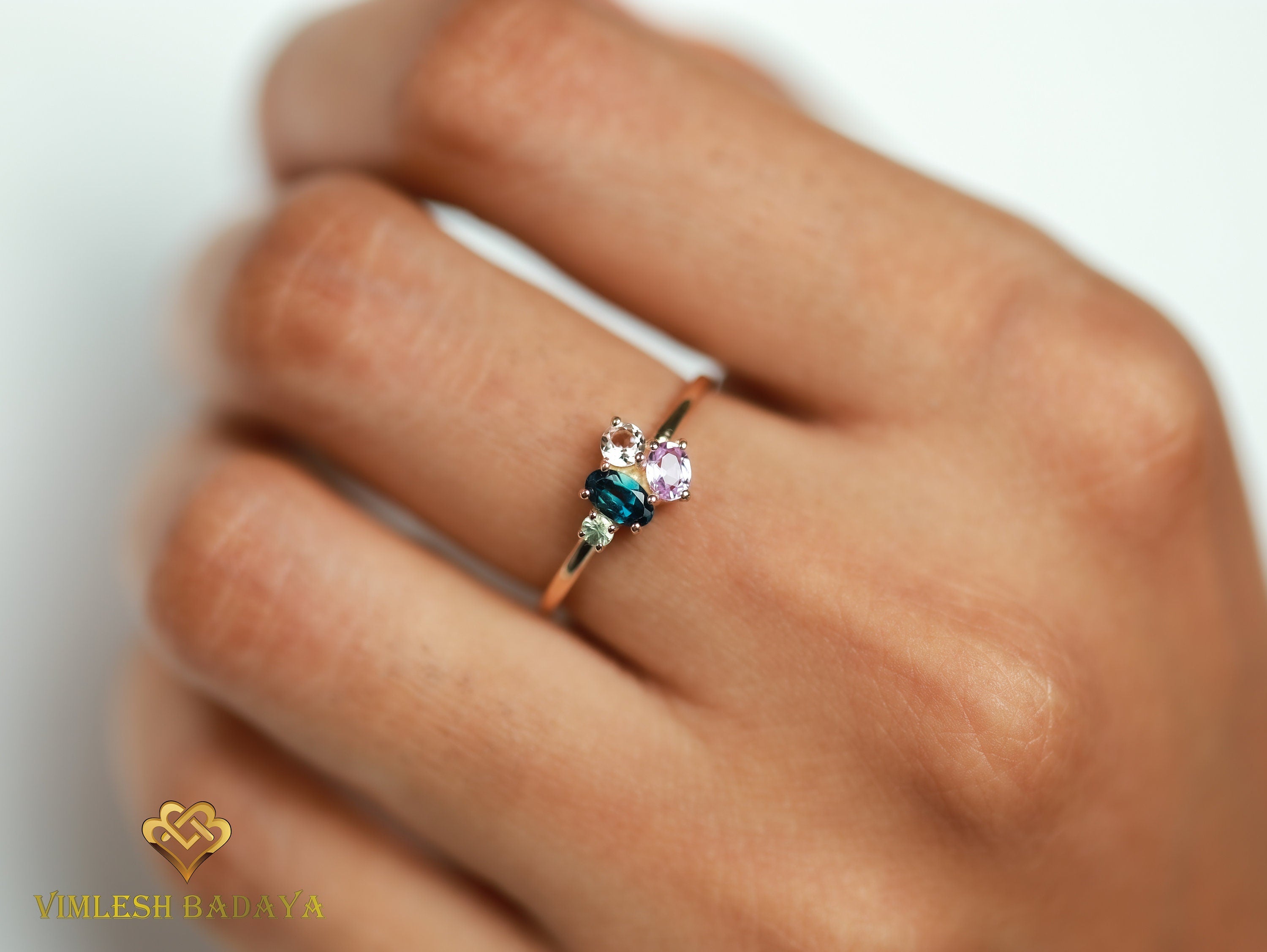 Teal Sapphire Cluster Ring | Pink Sapphire Morganite Engagement Ring | Australian Sapphire & Peach Morganite Ring -