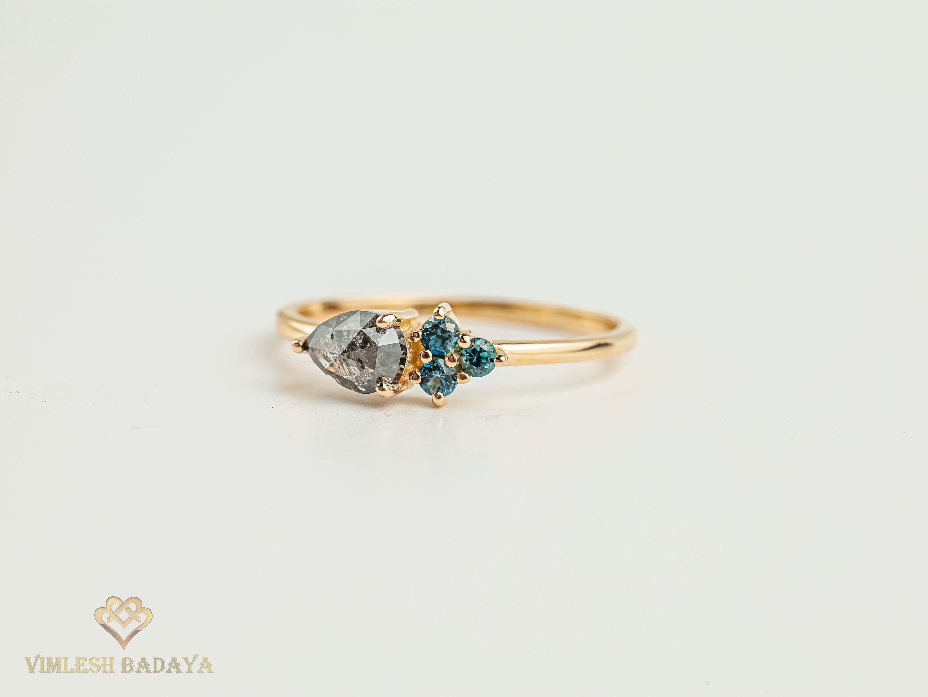 Salt & Pepper Diamond & Teal Sapphire Ring | Gray Diamond Cluster Ring | Dainty Stacking Ring -