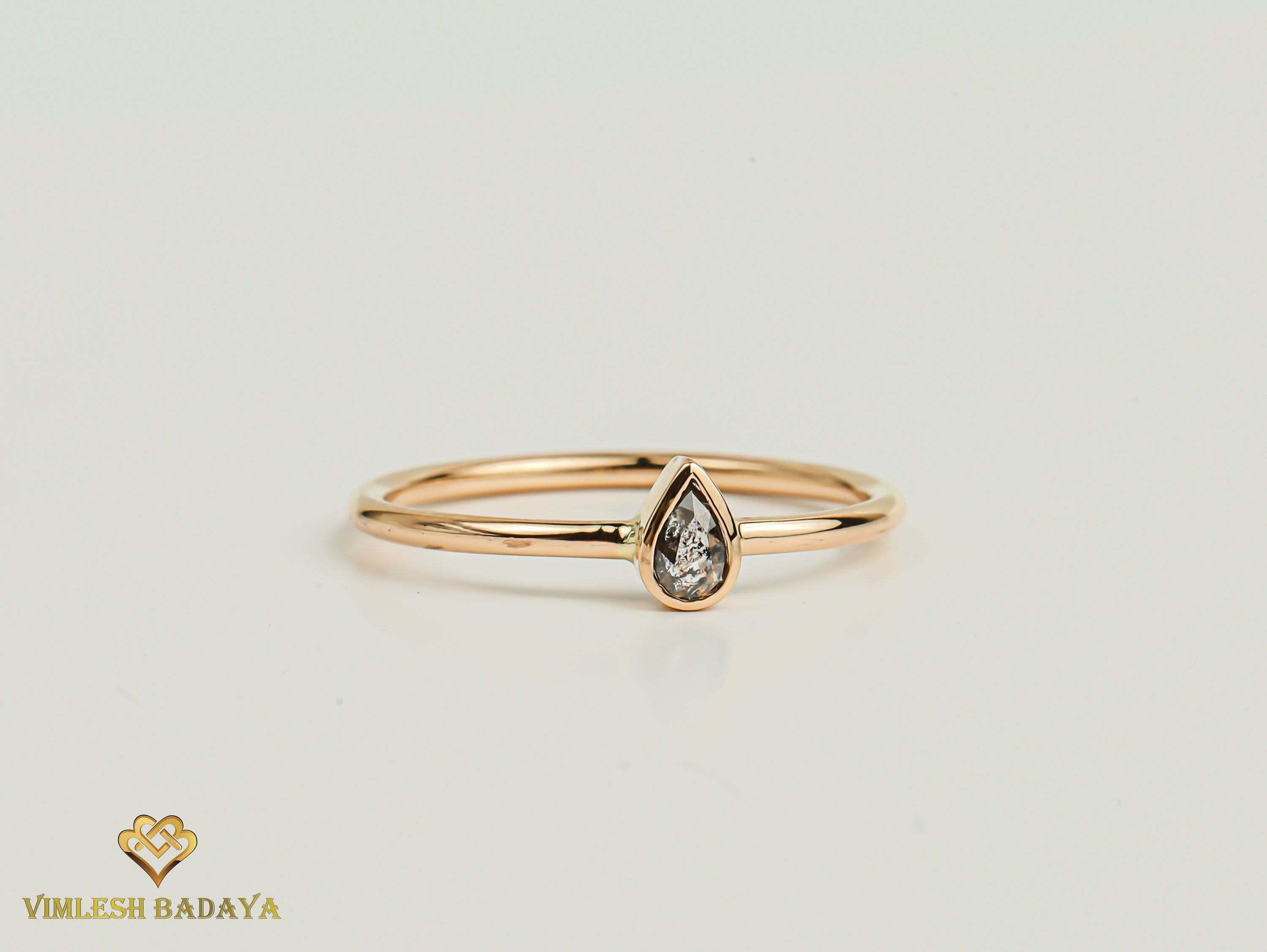 Pear Gray Diamond Teardrop Ring | Salt and Pepper Diamond Stacking Ring -