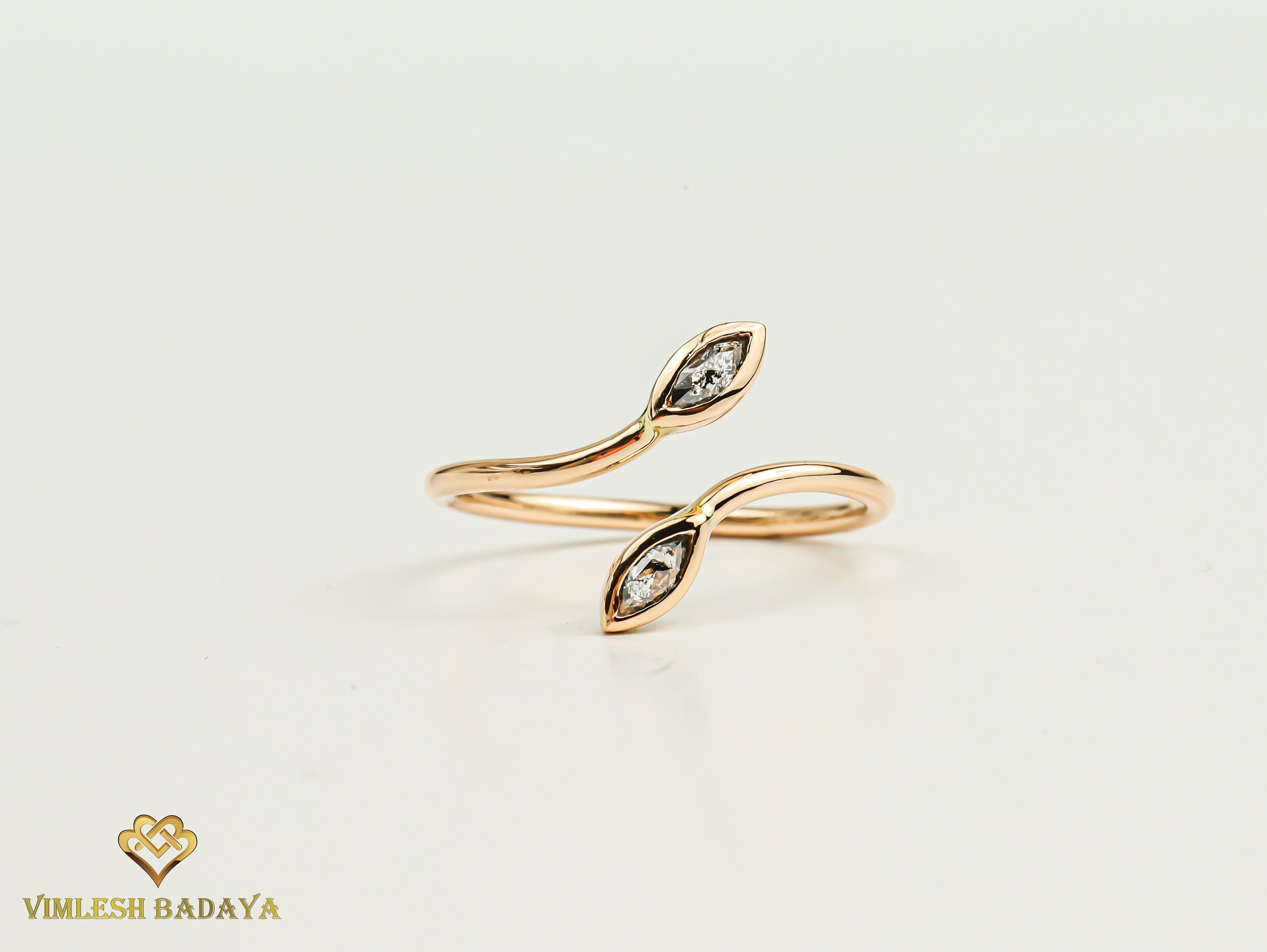 Adjustable Gray Diamond Leaf Ring | Salt and Pepper Diamond Stacking Ring | Marquise Cut Diamond Ring -