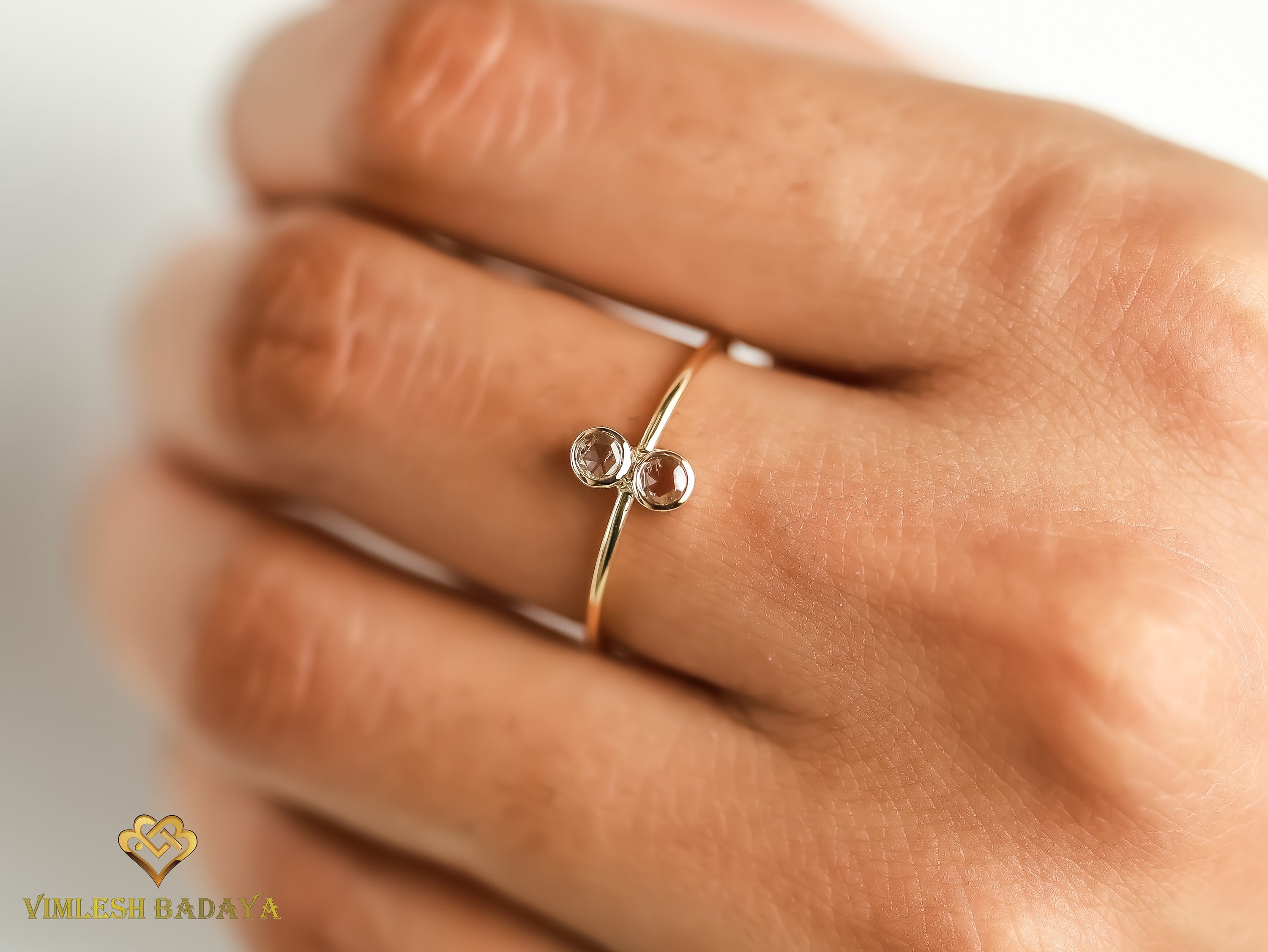 Dual Rose Cut Diamond Ring | Fancy Brown Diamond Stacking Ring | Dainty Diamond Ring -