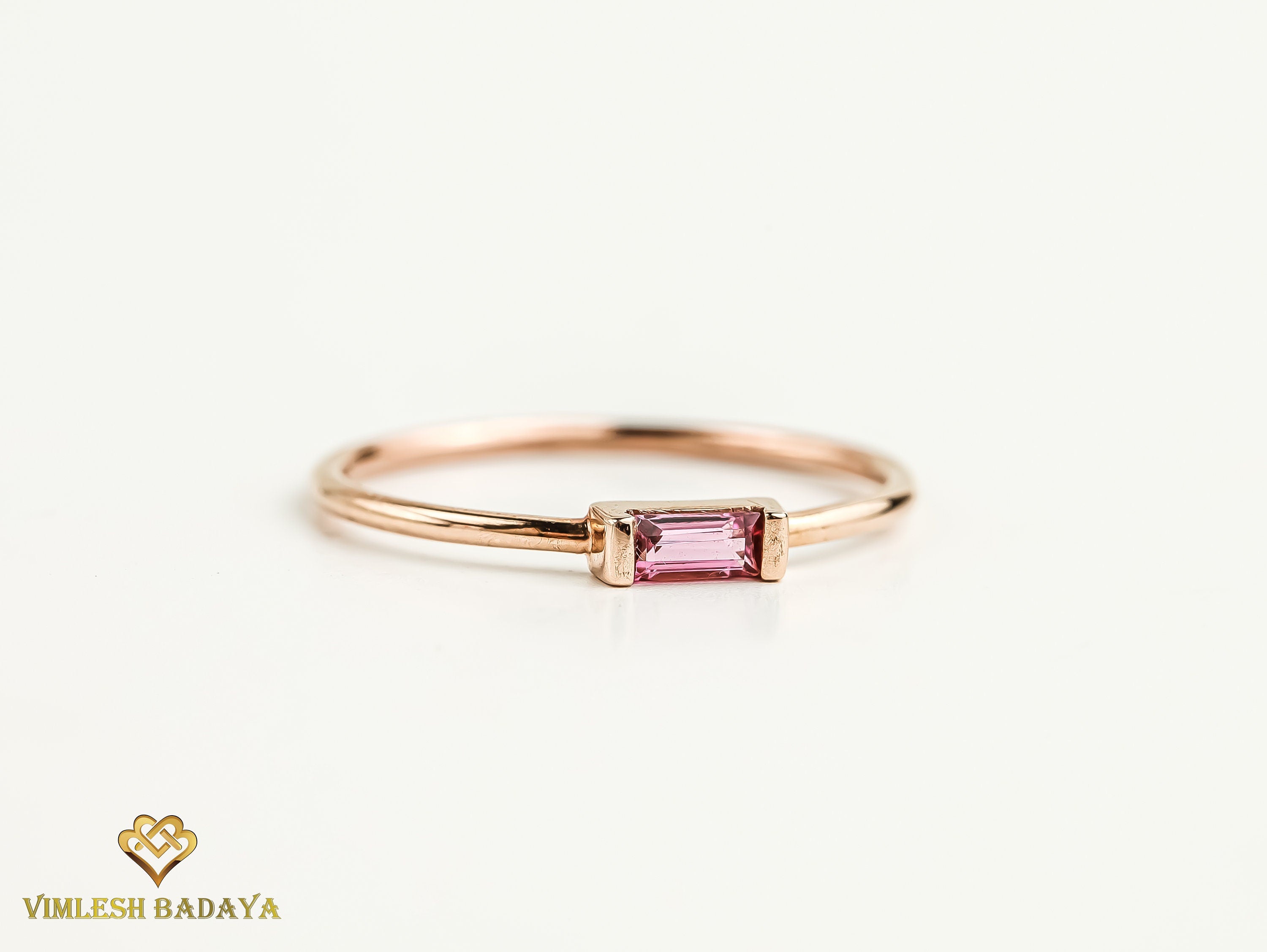 Baguette Pink Tourmaline Stacking Ring | Pink Stone Ring | Baguette Cut Stacking Ring -