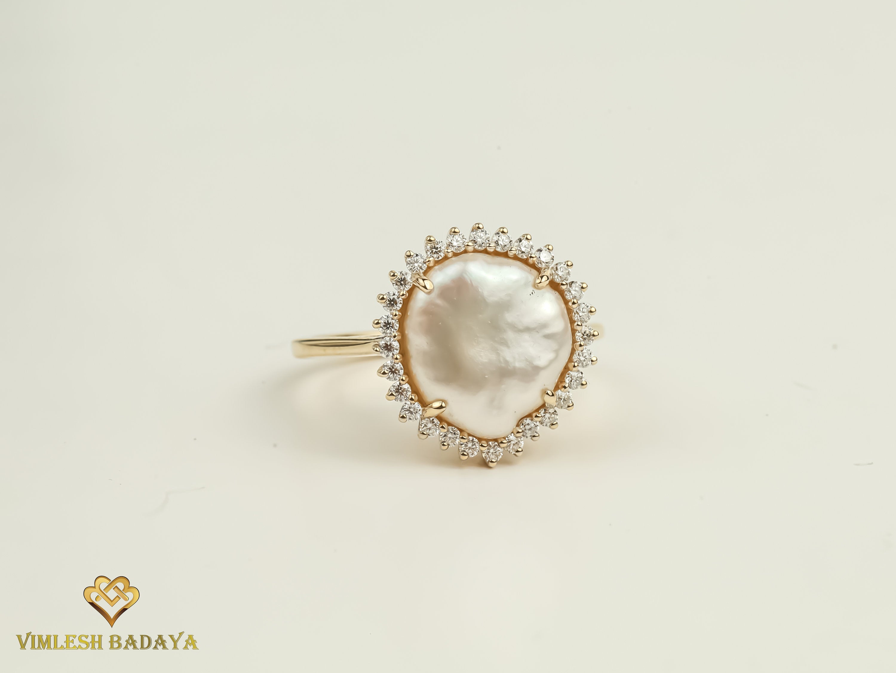 Baroque Pearl Halo Ring | 5 Carat Pearl Engagement Ring | White Pearl and Diamond Ring -