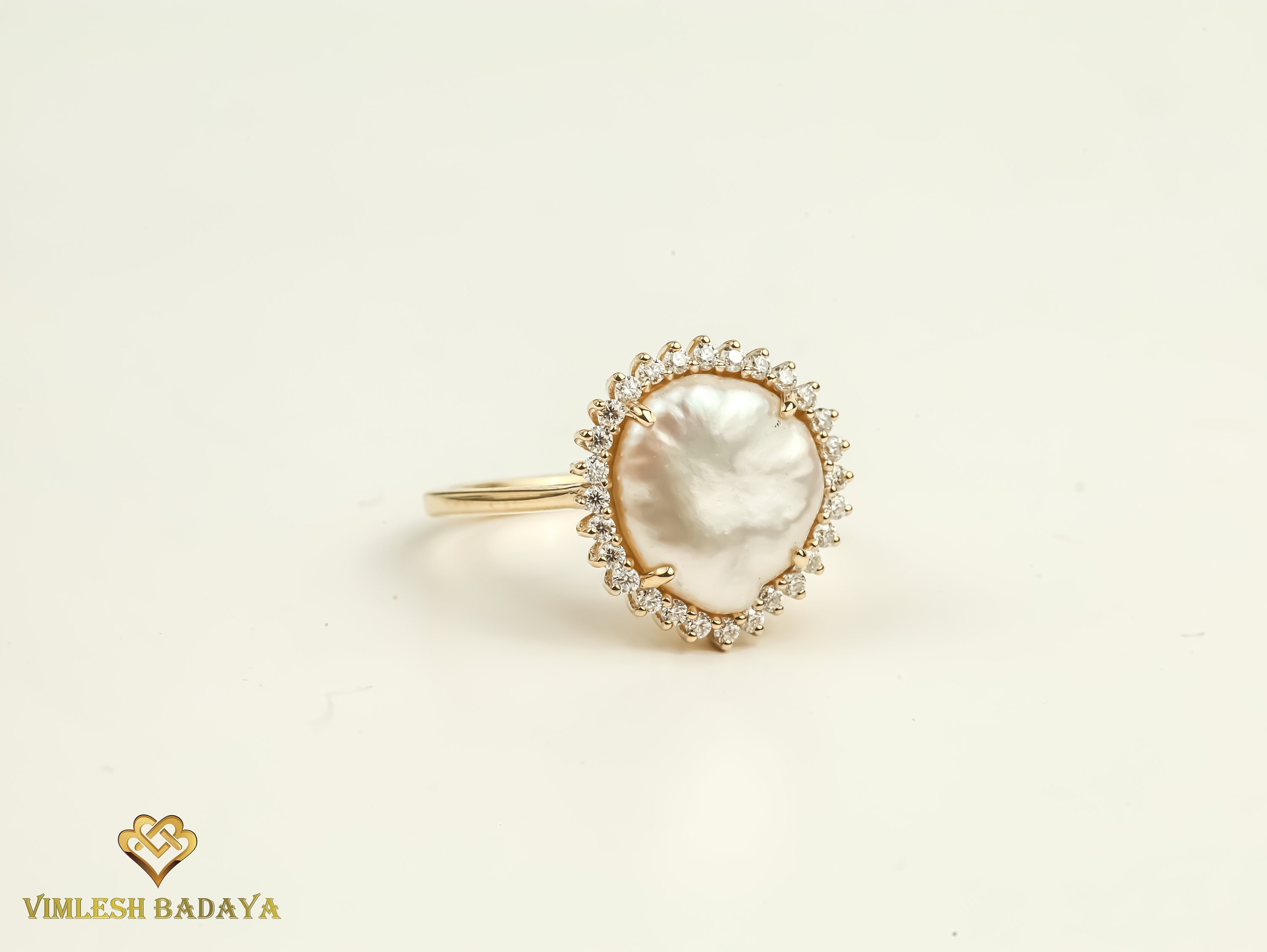 Baroque Pearl Halo Ring | 5 Carat Pearl Engagement Ring | White Pearl and Diamond Ring -