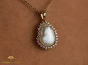 Baroque Pearl and Diamond Halo Necklace | Solid Gold Pearl Necklace -