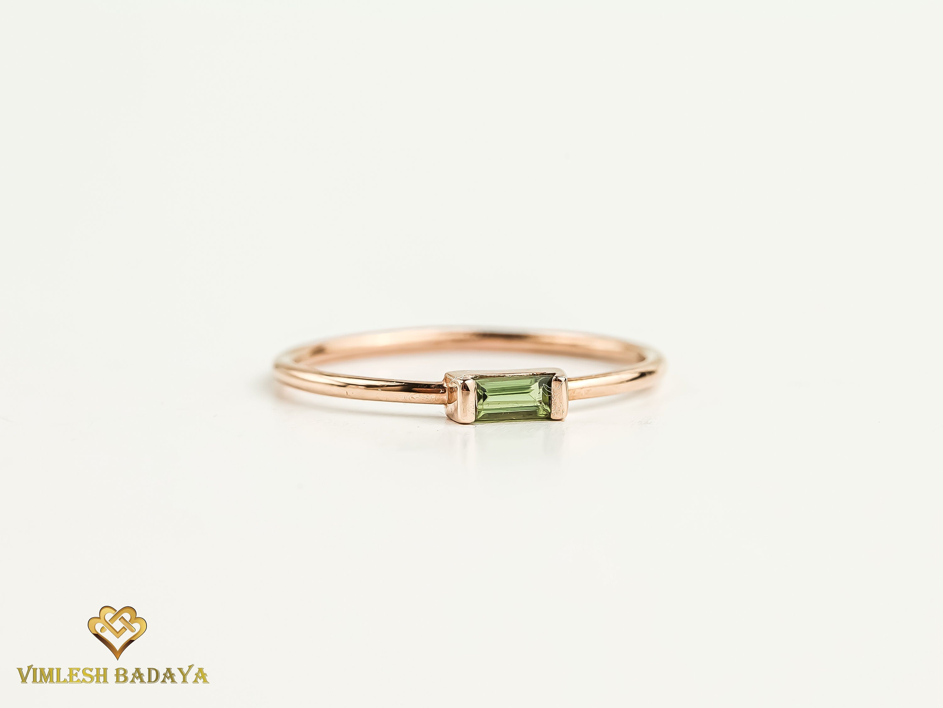 Baguette Green Tourmaline Ring | Stacking Pink Tourmaline Ring | Green Stone Baguette Ring -
