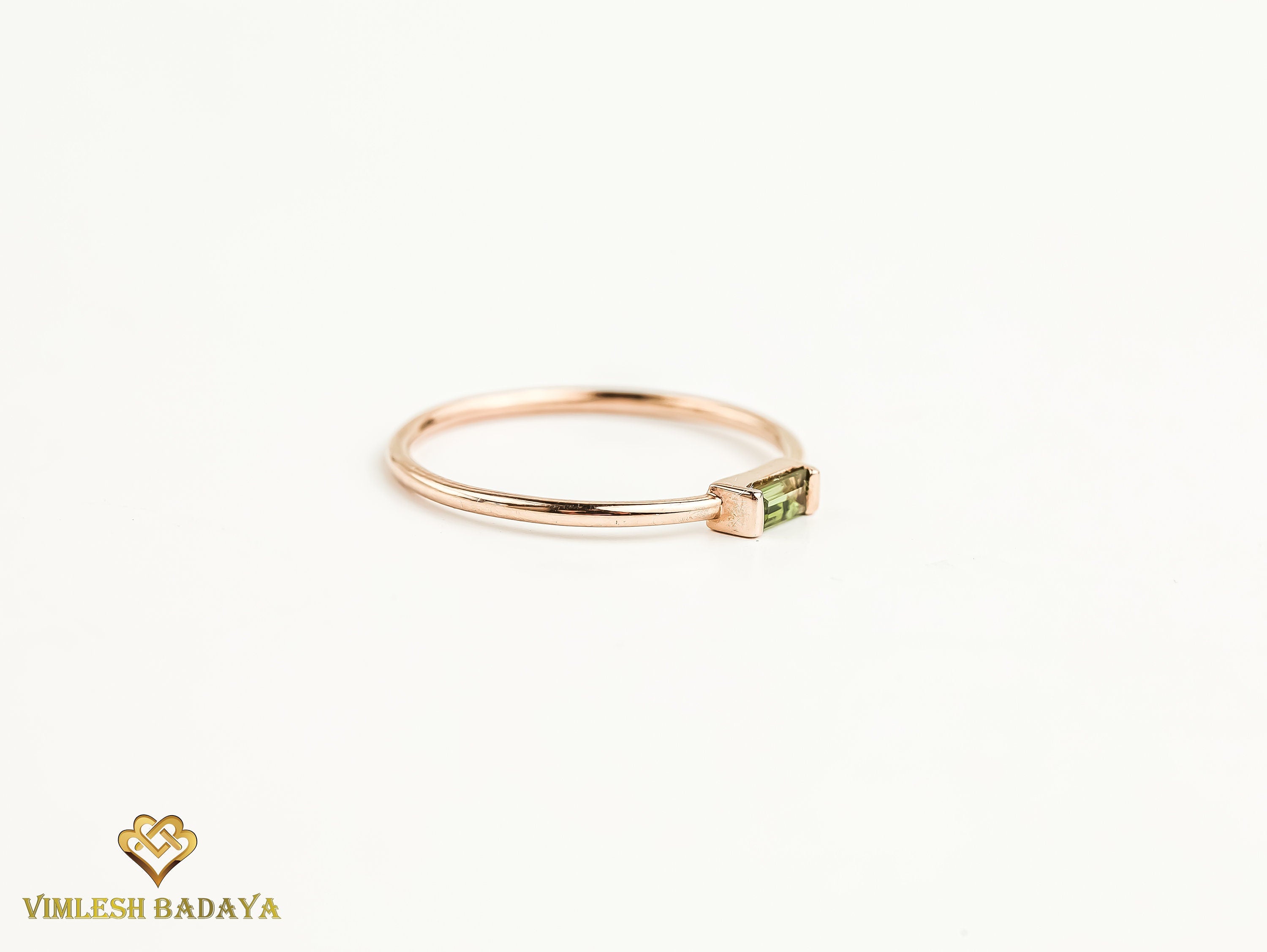 Baguette Green Tourmaline Ring | Stacking Pink Tourmaline Ring | Green Stone Baguette Ring -