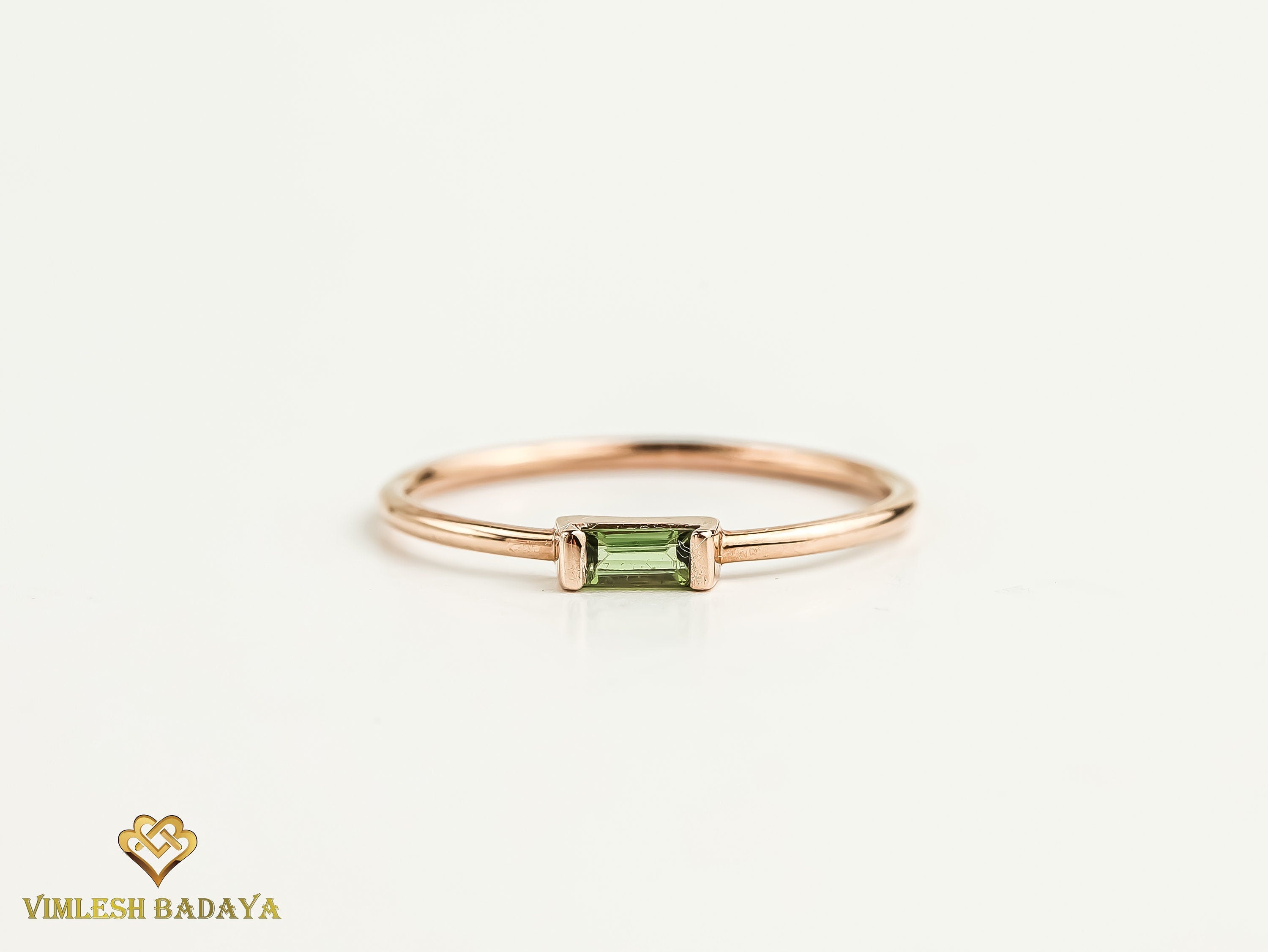 Baguette Green Tourmaline Ring | Stacking Pink Tourmaline Ring | Green Stone Baguette Ring -